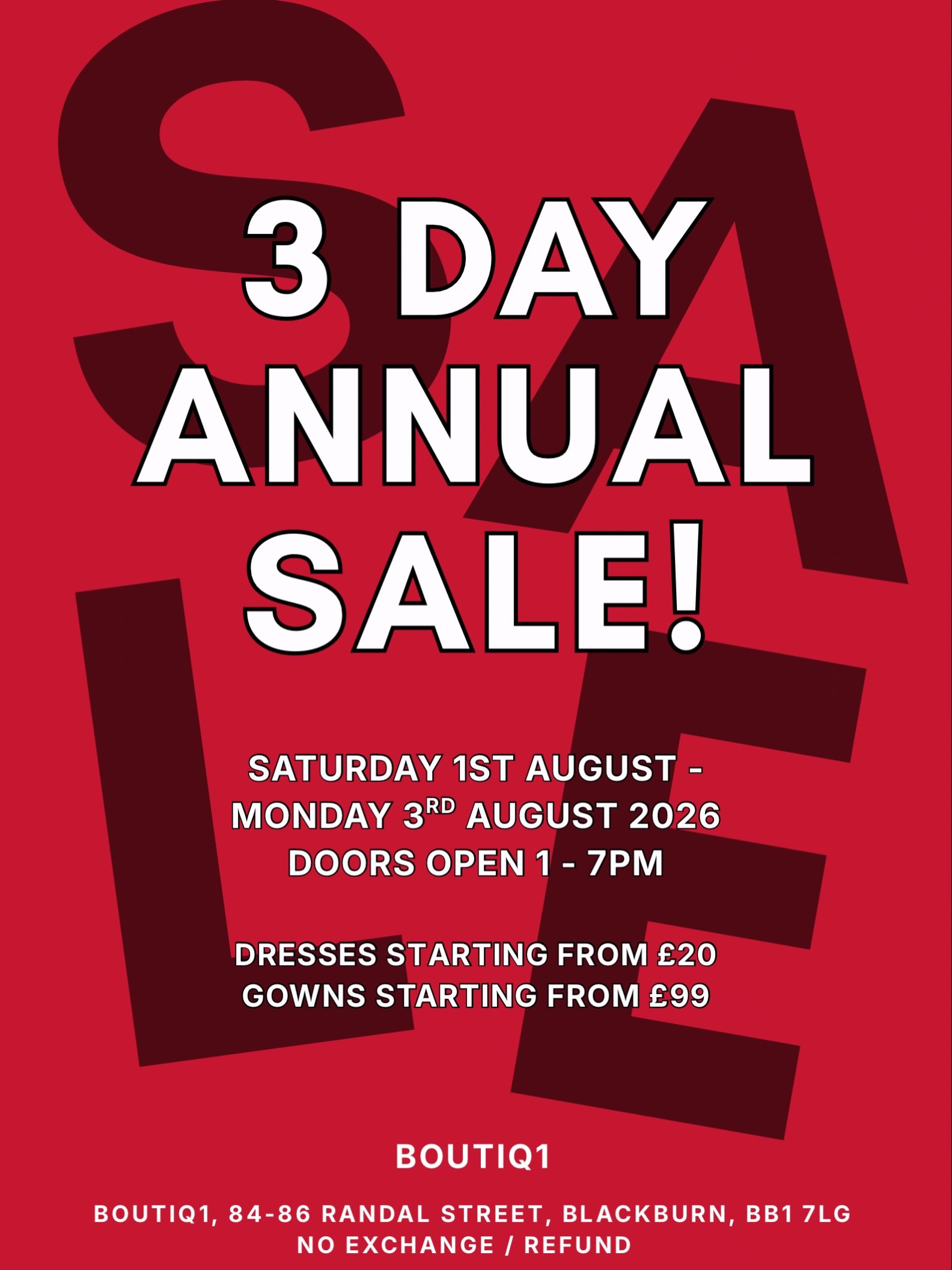 Our Annual Sale has finally arrived! But bigger, better &amp; cheaper! The best time for you to grab a bargain this weekend only! 

To celebrate we will be giving one lucky winner a &pound;50 voucher to spend in store on our Sale weekend.

To enter s