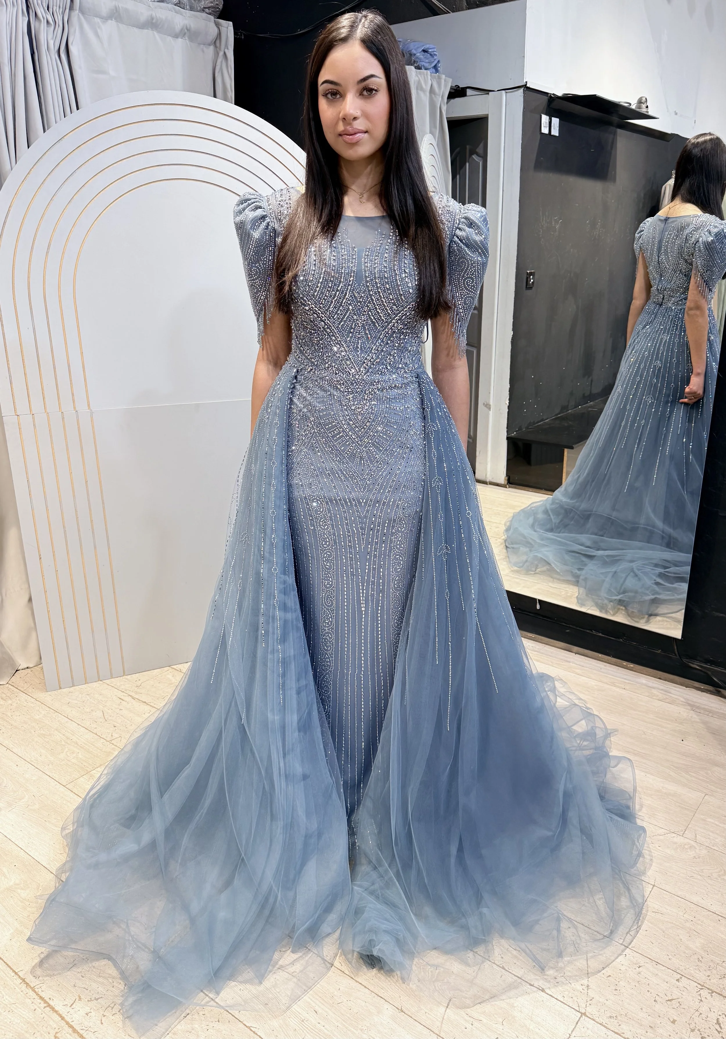 Dusty Blue Gown with Net overlay