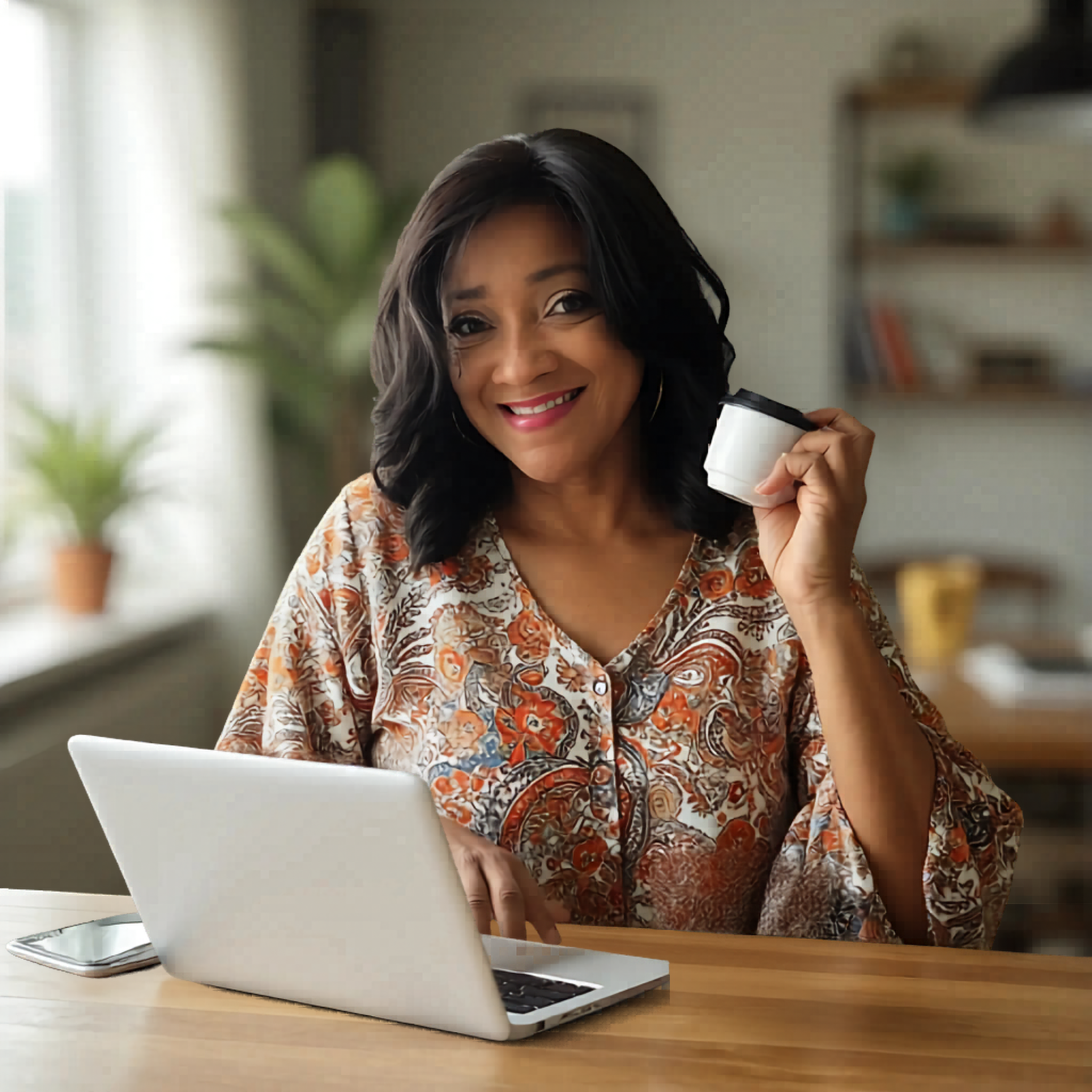 women at desk with laptop holding coffee cup