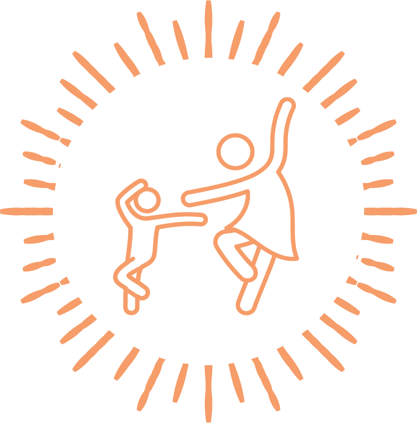 Line drawing of two children dancing inside a circle with radiating lines, symbolizing joy and movement.