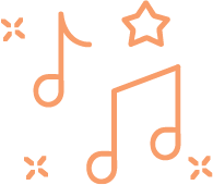 Musical notes, star, and flower-shaped decorative elements on a black background.