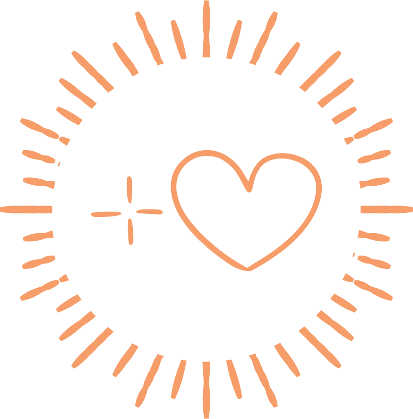The image features a simple line drawing of a heart, a spark symbol, and a radiating burst of lines around them, suggesting love and energy.
