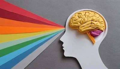A silhouette of a person's head with a colorful rainbow stream coming out of the mouth, and a stylized brain inside the head.