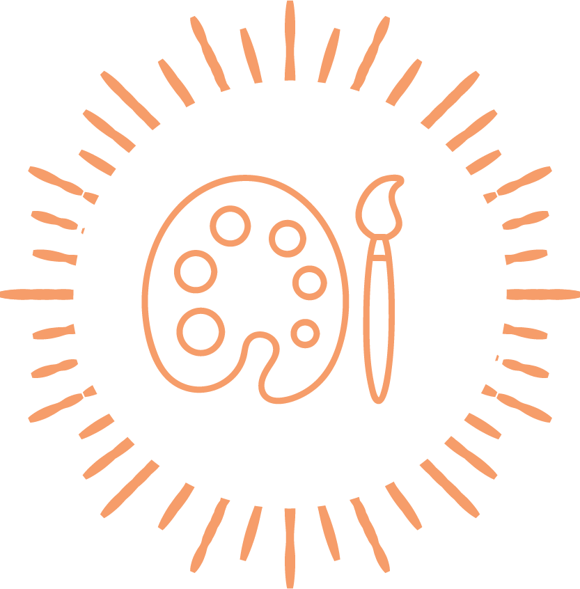 Graphic illustration of a painter's palette and brush surrounded by radiating lines.