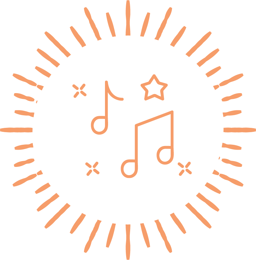 Clock face with musical notes, a star, and decorative elements inside, surrounded by radiating lines, indicating a musical or creative theme.