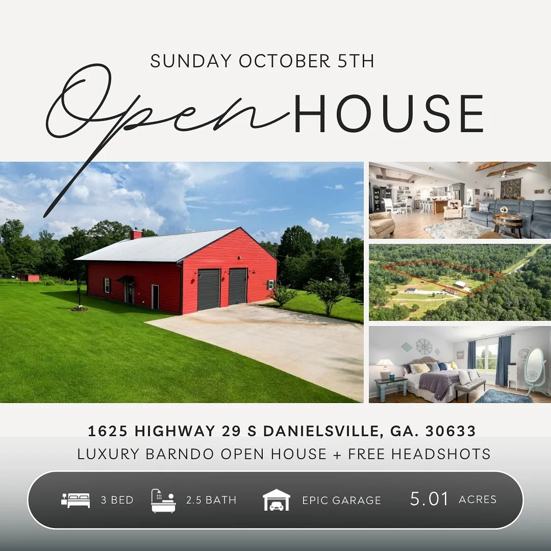 ✨ Open House this Sunday!!! ✨

Come tour this luxury barndominium, it is the perfect mix of country charm and modern living. Explore the epic garage space, stunning interiors, and wide-open land.

📍 1625 Highway 29 S, Danielsville, GA
🗓 Sunday, Oct