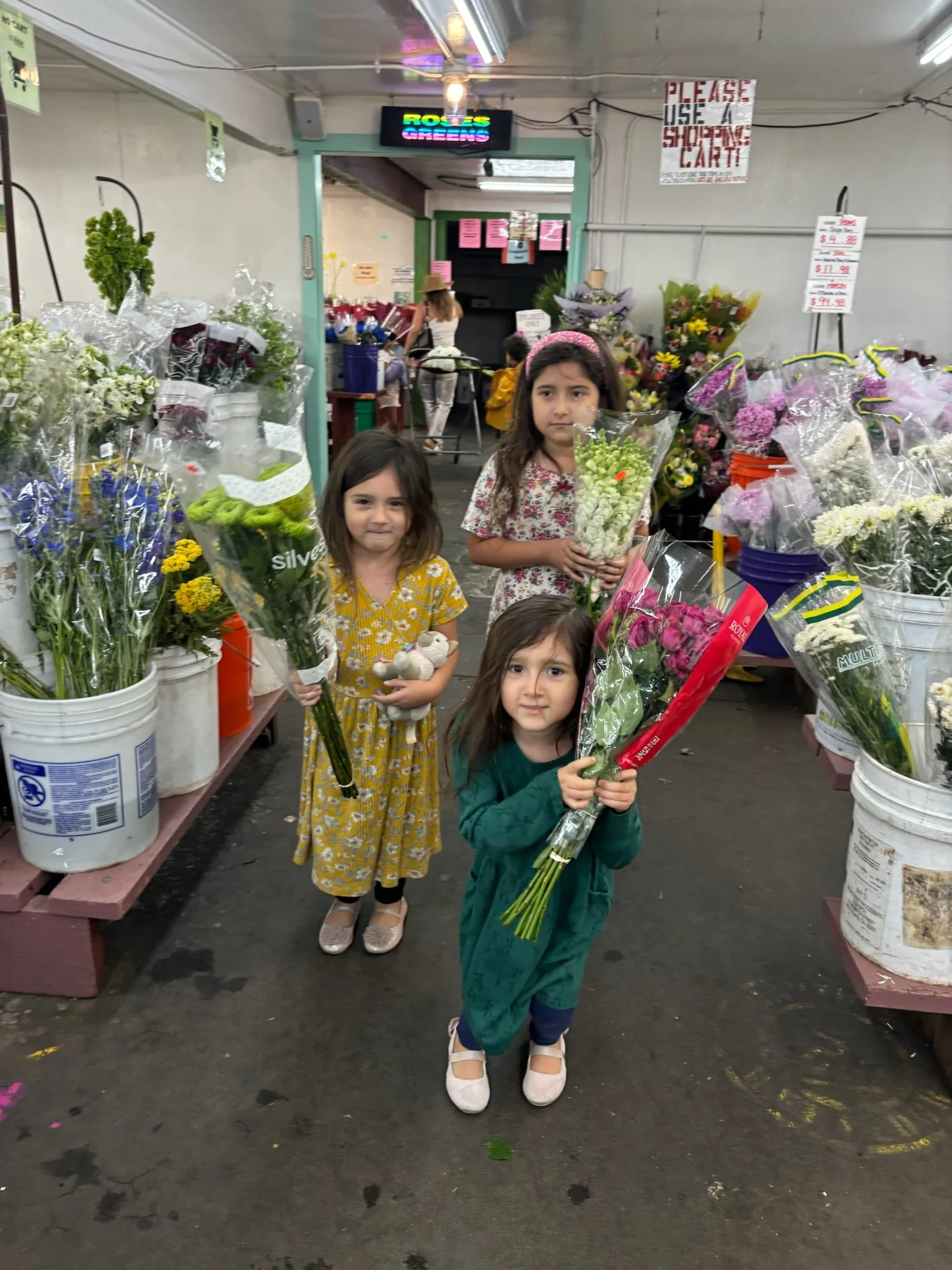 Three young girls standing inside a flower shop, each holding a bouquet of flowers. The shop is filled with various colorful flower arrangements in buckets and vases, and a sign that says 'Please Use a Shopping Cart' is visible. The background shows 