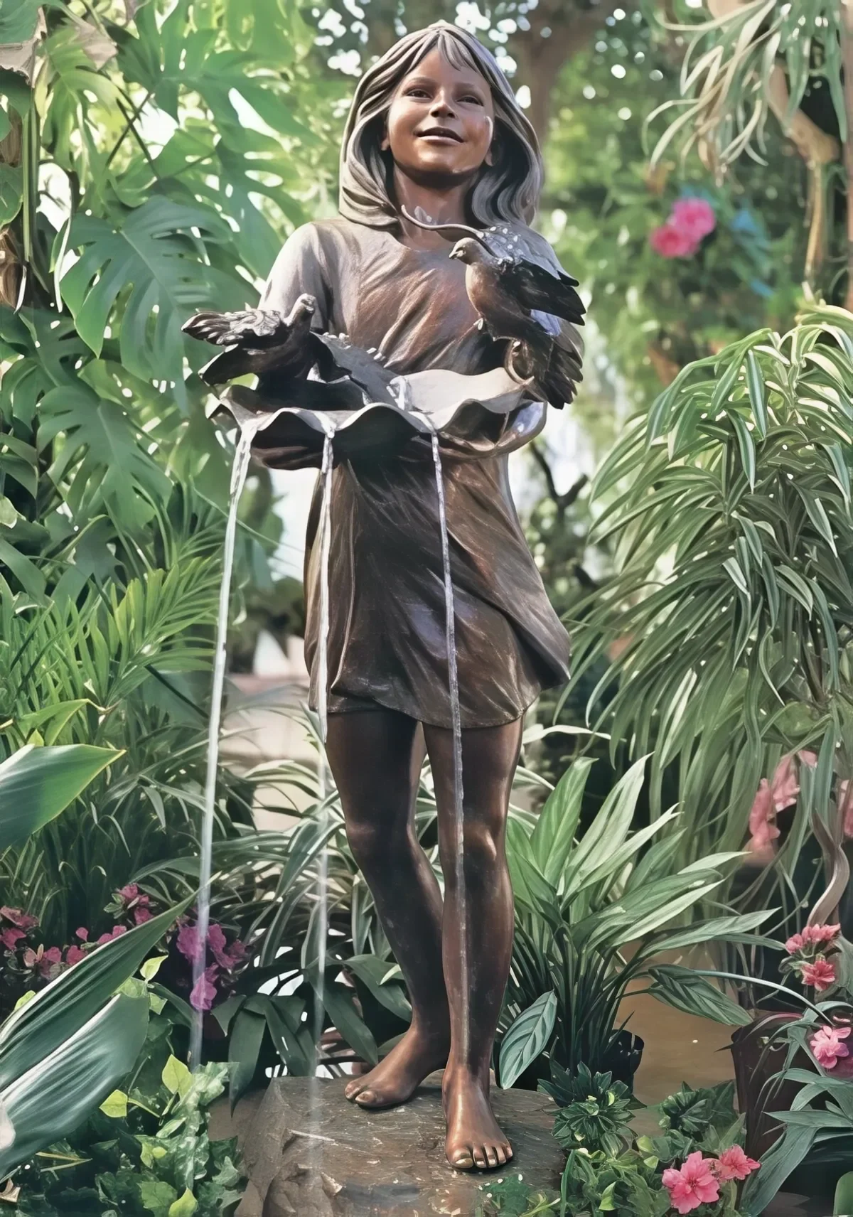 Bronze sculpture of a young girl standing barefoot, holding a bowl with three birds, surrounded by lush green plants and pink flowers.