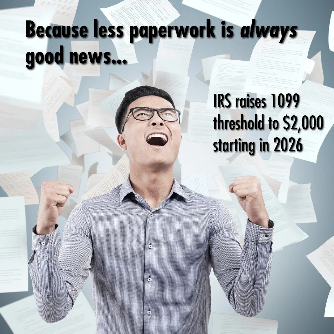 🚨 IRS Update for 2026: The 1099 reporting threshold is jumping from $600 to $2,000 for Forms 1099-MISC and 1099-NEC! This change affects payments like rent, contractor fees, prizes, medical services, and more. 💼📄

Why it matters:
✅ Fewer forms to 
