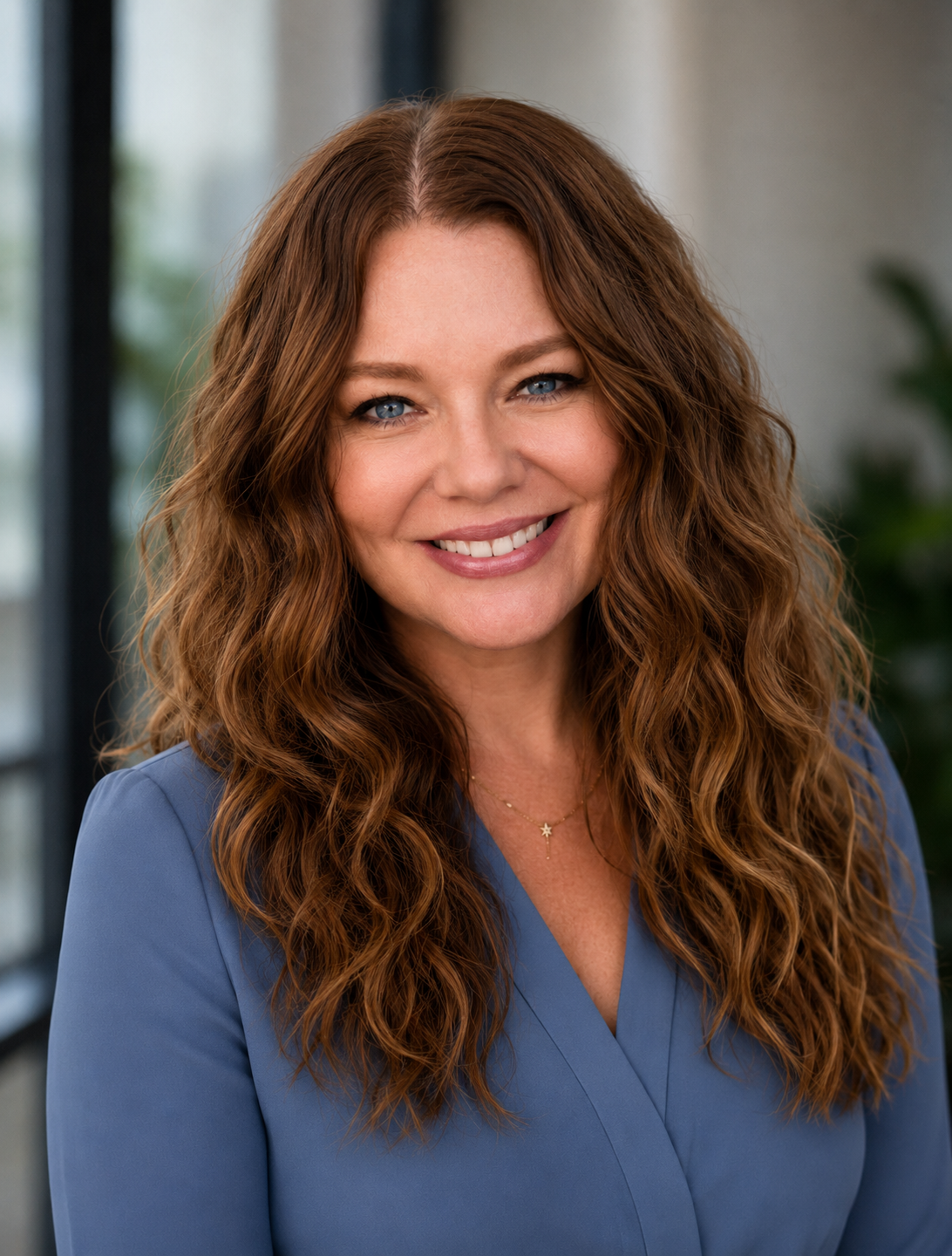 A woman with long, curly red hair smiling, wearing a light blue blouse, against a neutral gray background.