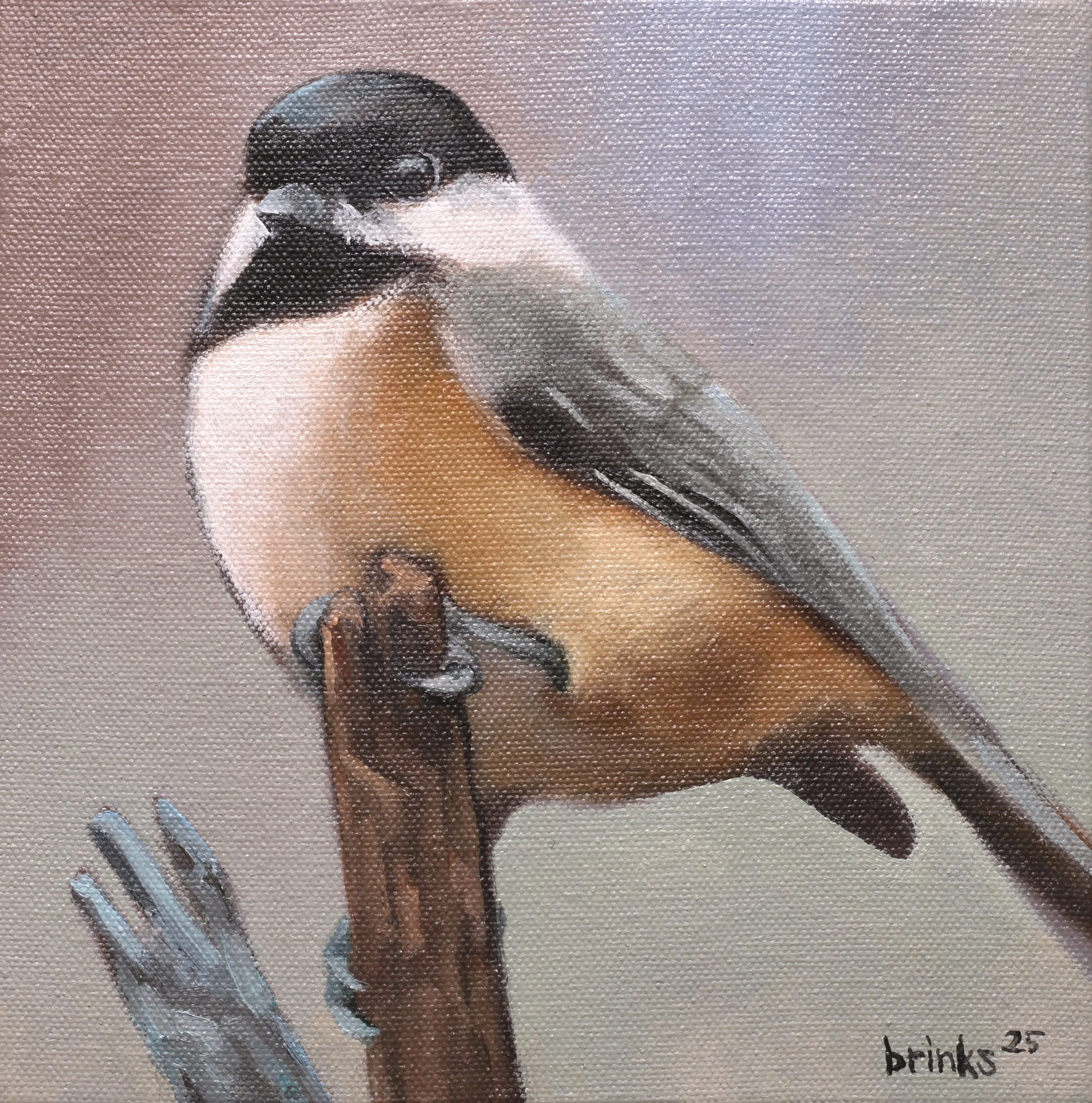 An oil painting of a chickadee perched on a branch with a muted background.