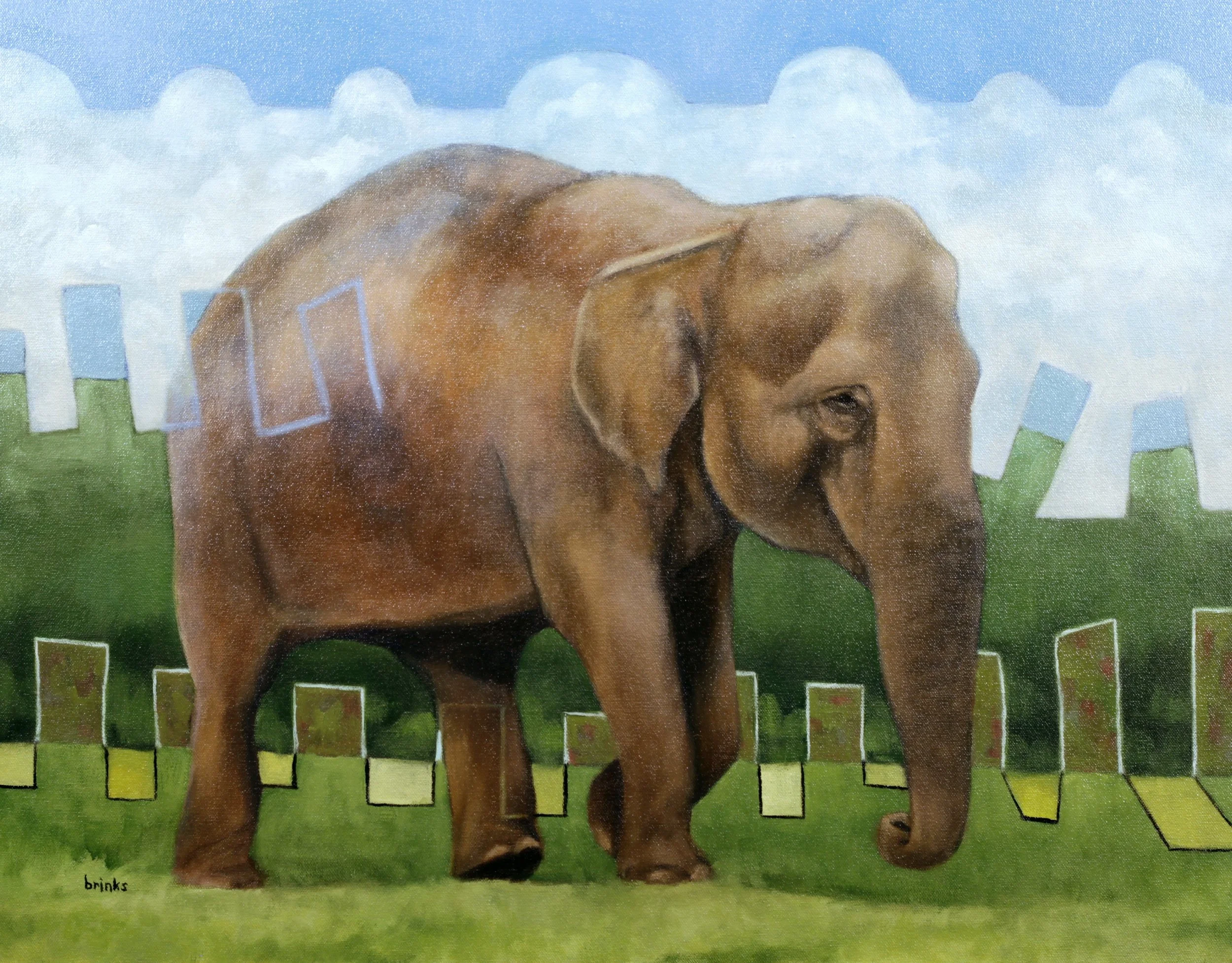 An oil painting of an elephant with some abstract elements.