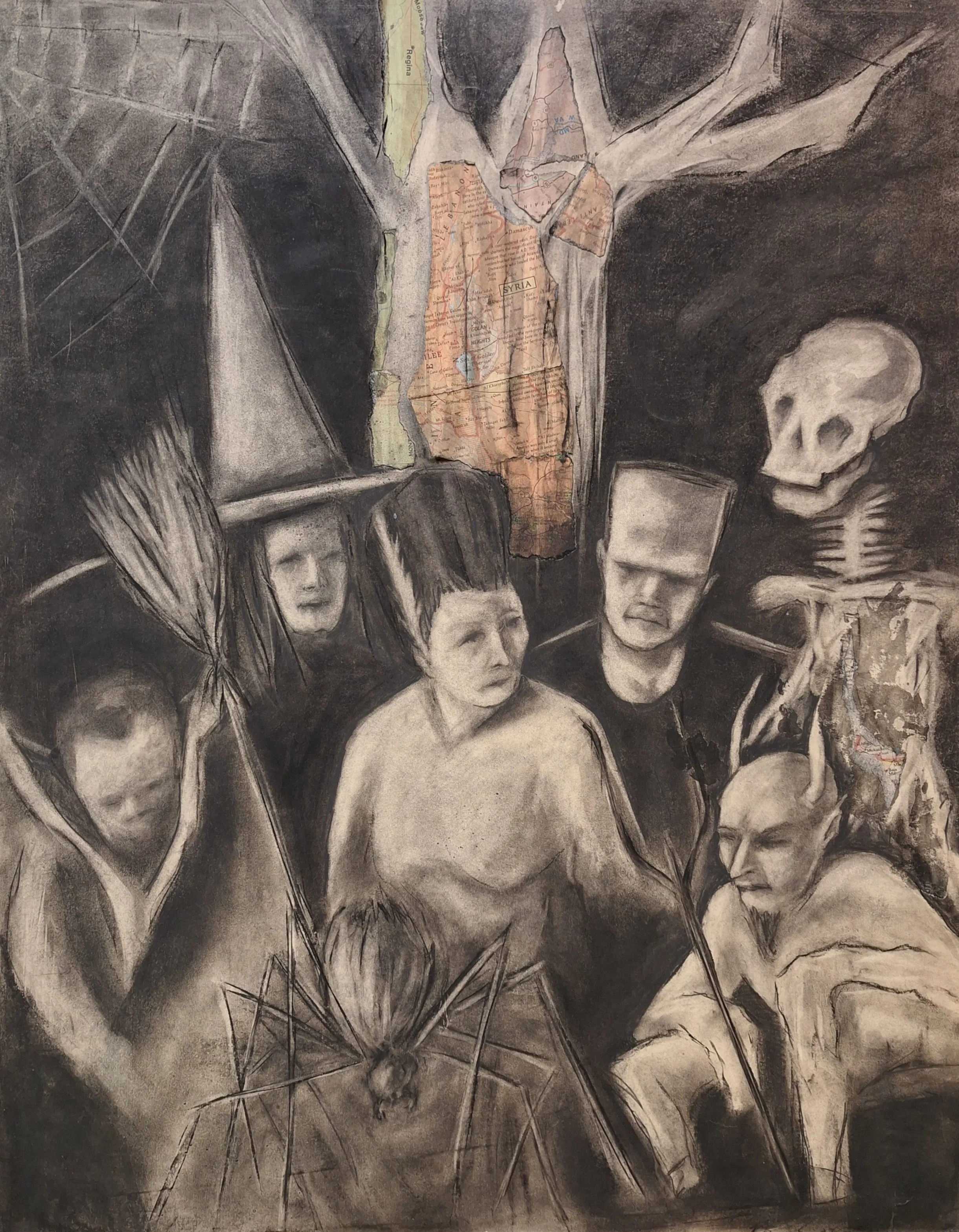 A halloween classic monsters family portrait.  mixed media - mostly done in charcoal