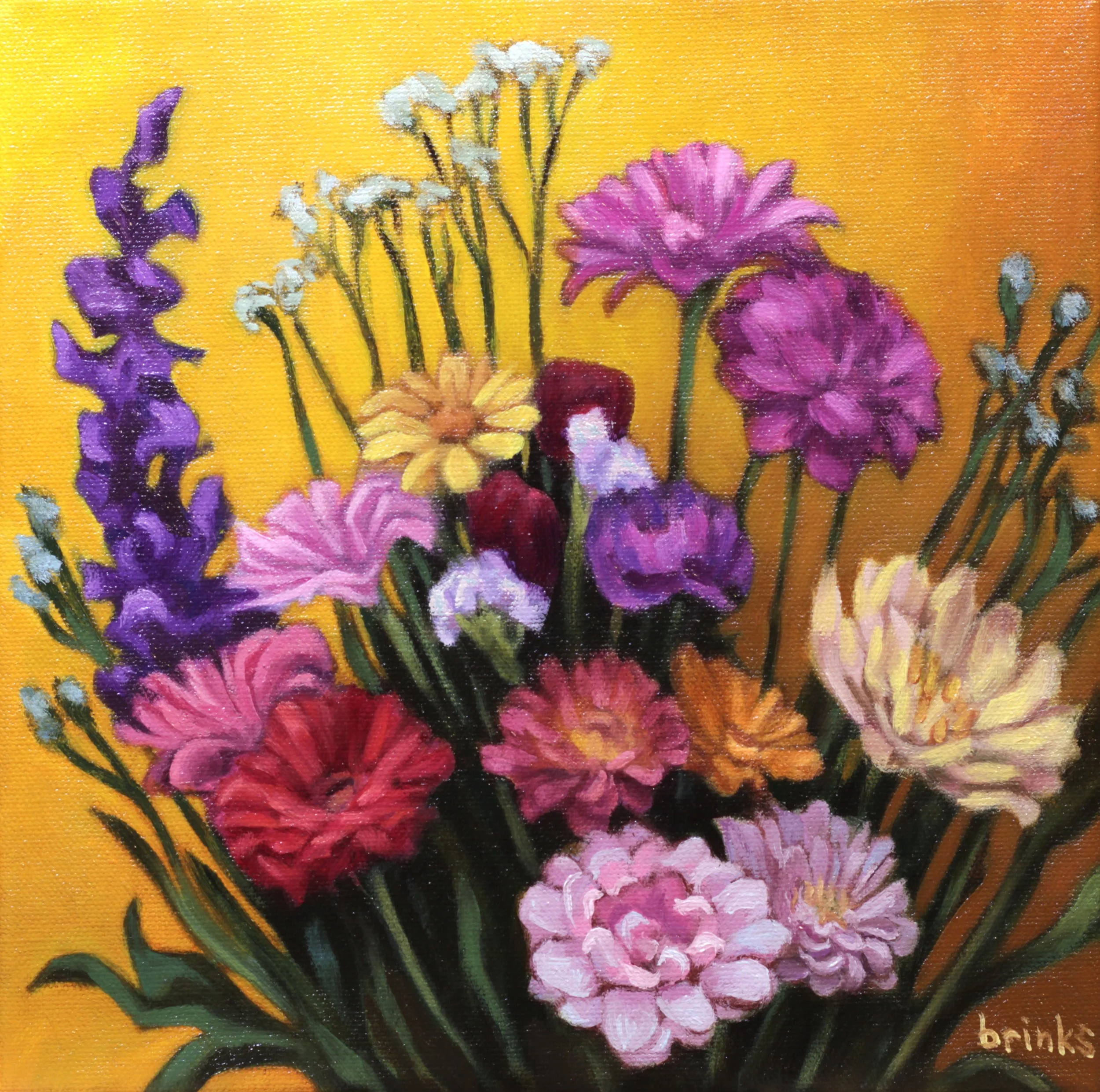 An oil painting of a colorful bouquet of various flowers, including purple, pink, yellow, red, and white, against a yellow background.