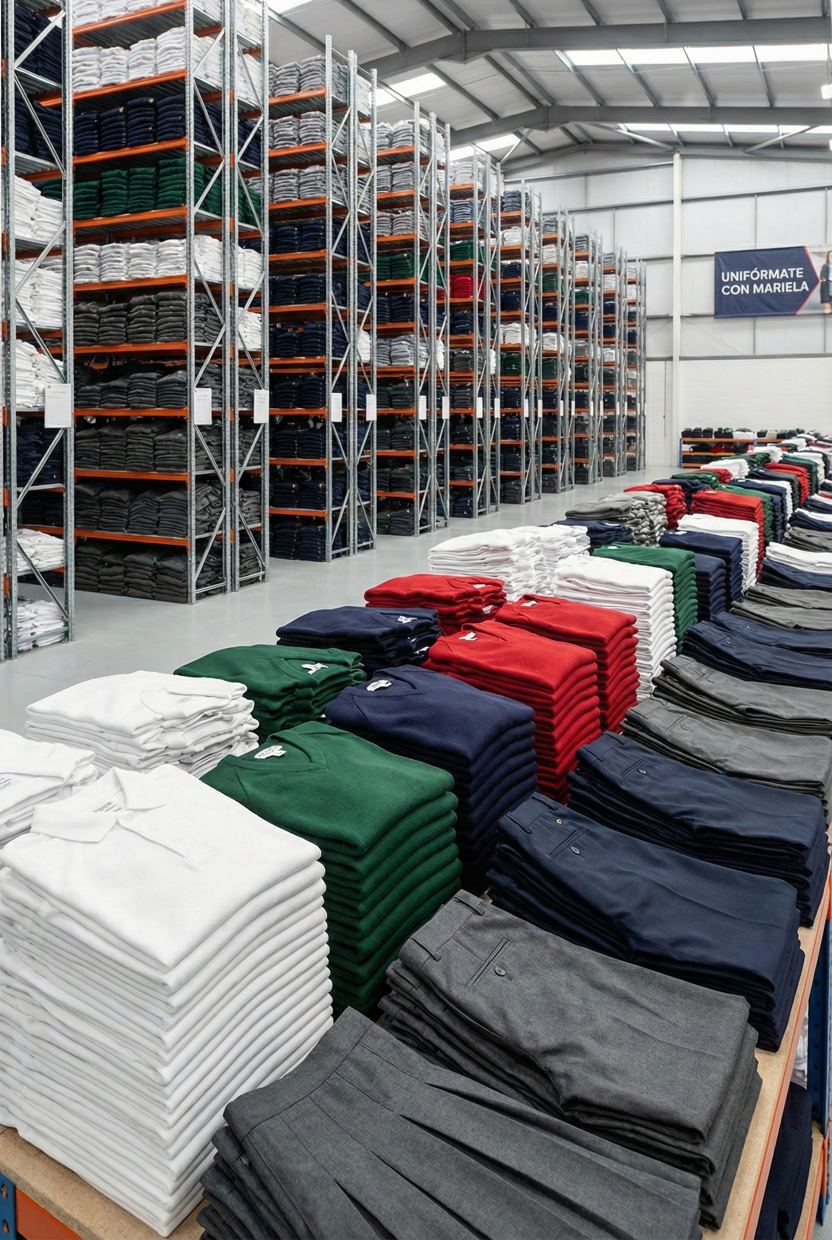 Estantes llenos de ropa ordenada y mesas con pilas de prendas como camisetas, suéteres y pantalones en diferentes colores en una tienda grande.