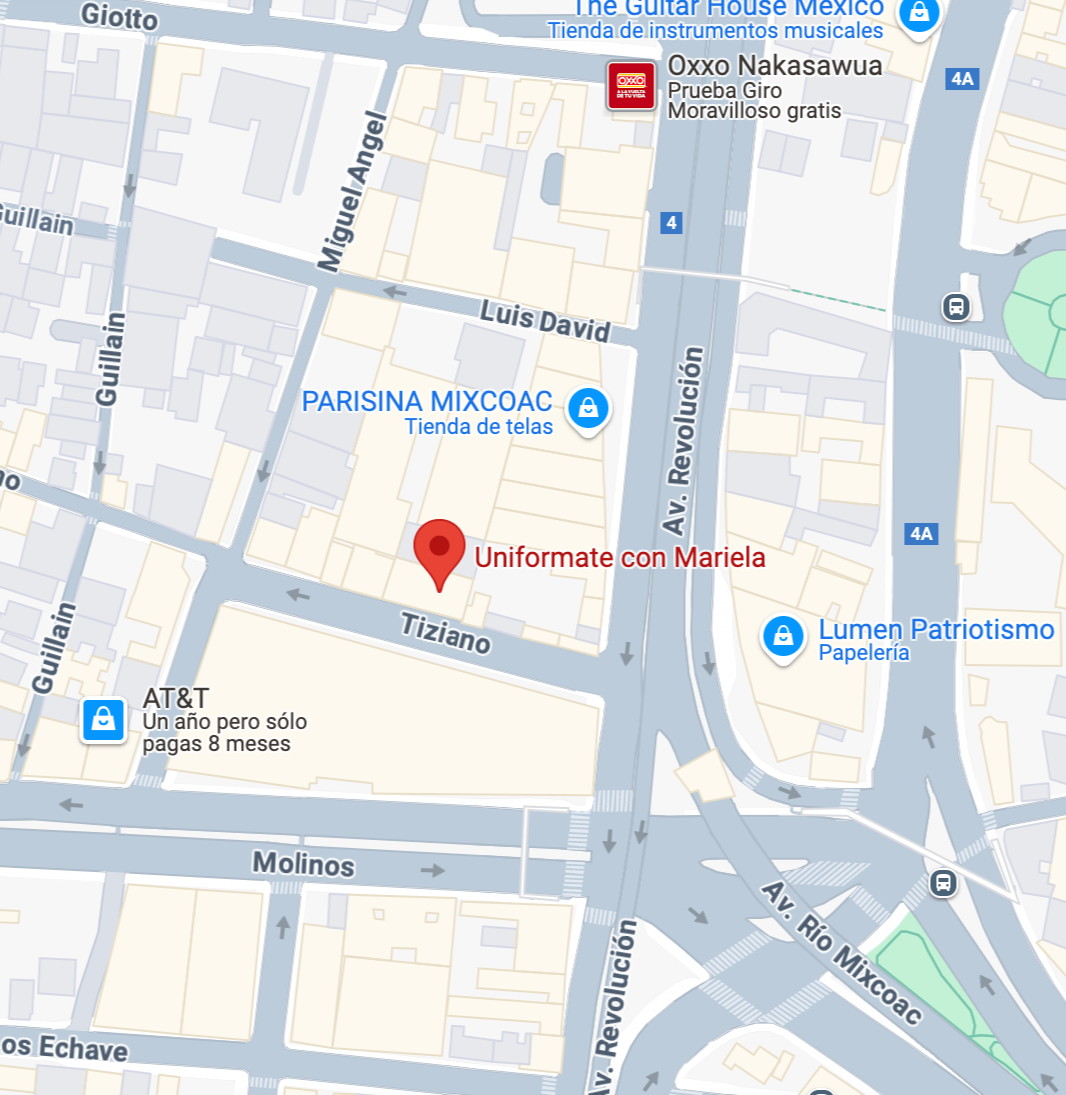 Mapa de calles con varias tiendas, incluyendo 'Uniformate con Mariela' en Tiziano, y puntos de referencia como OXXO, Parísina Mixcoac, Lumen Patriotismo, y tiendas de telefonía como AT&T, en una zona urbana.