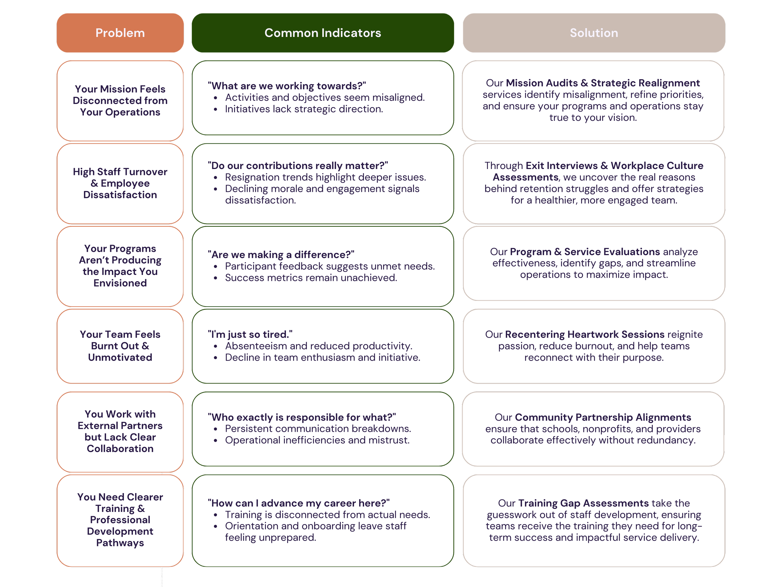Flowchart illustrating problems, common indicators, and solutions. Problems include mission disconnection, high staff turnover, lack of program impact, burnout, lack of collaboration, and unclear training paths. Indicators detail symptoms like misaligned activities and resignation trends. Solutions offered are audits, evaluations, culture assessments, heartwork sessions, partnership alignments, and training assessments.