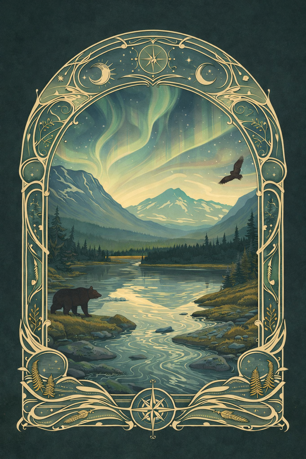 Fantasy landscape scene of mountains, a river, pine trees, and wildlife framed with celestial and mystical symbols, including moons and stars.