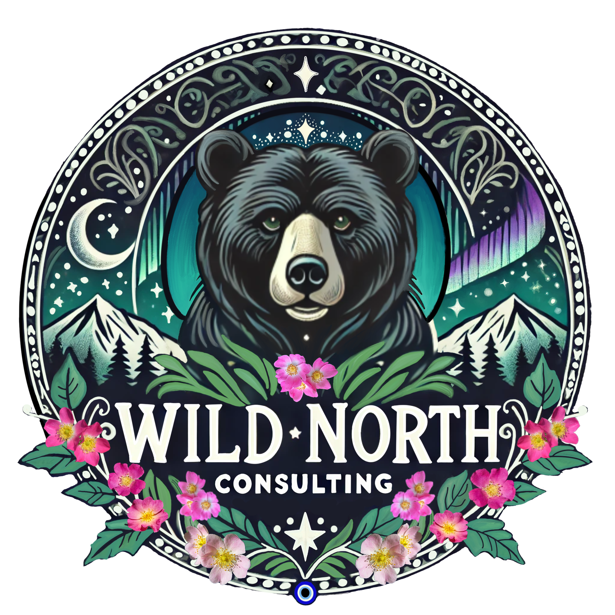 Logo for Wild North Consulting featuring a bear's face surrounded by mountains, trees, stars, moon, and a rainbow, with pink flowers and green foliage.