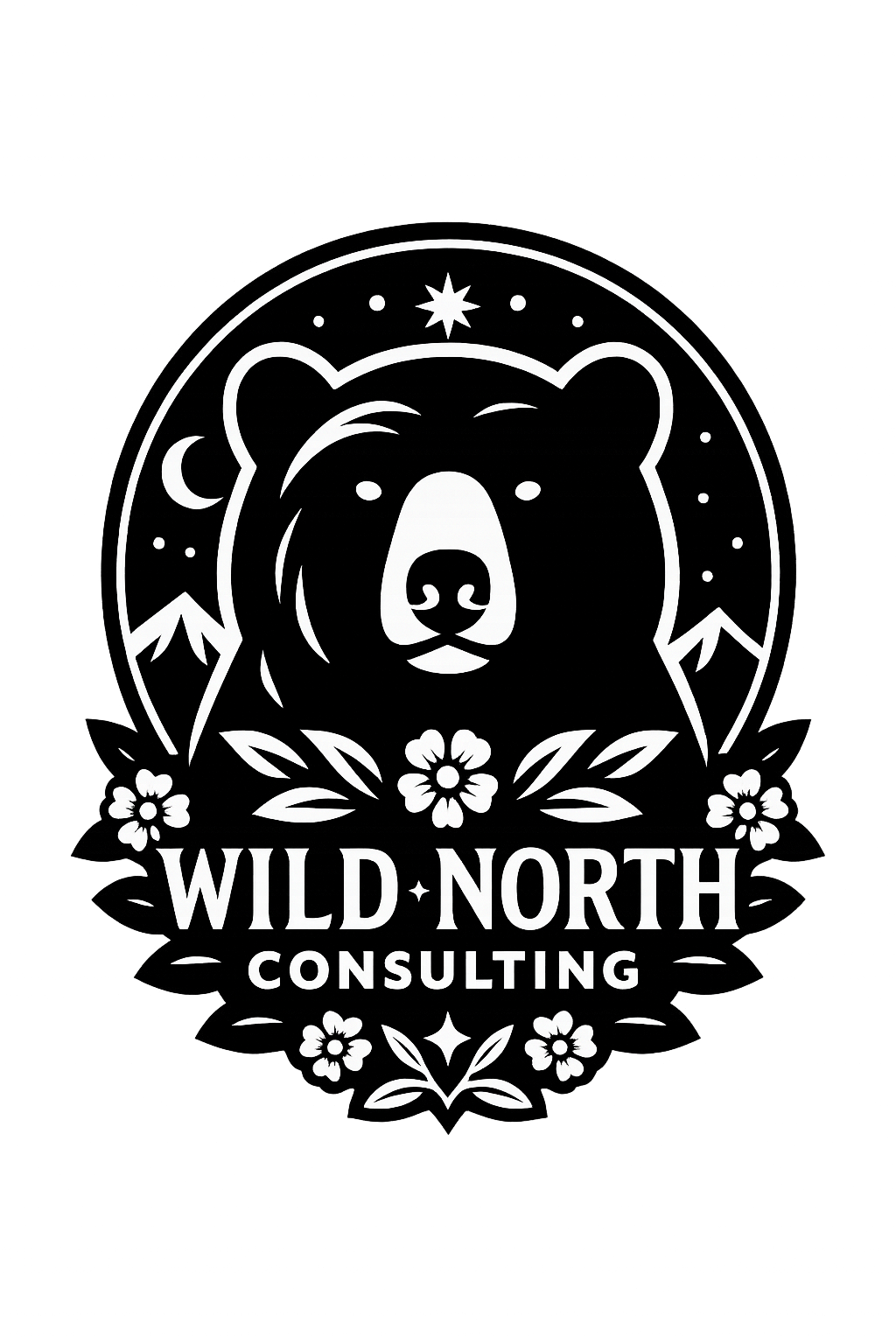 Black and white logo featuring a bear head surrounded by stars, the moon, mountains, and flowers, with the text 'WILD NORTH CONSULTING' at the bottom.