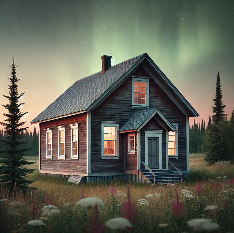 A black wooden house in a grassy field surrounded by trees under northern lights.