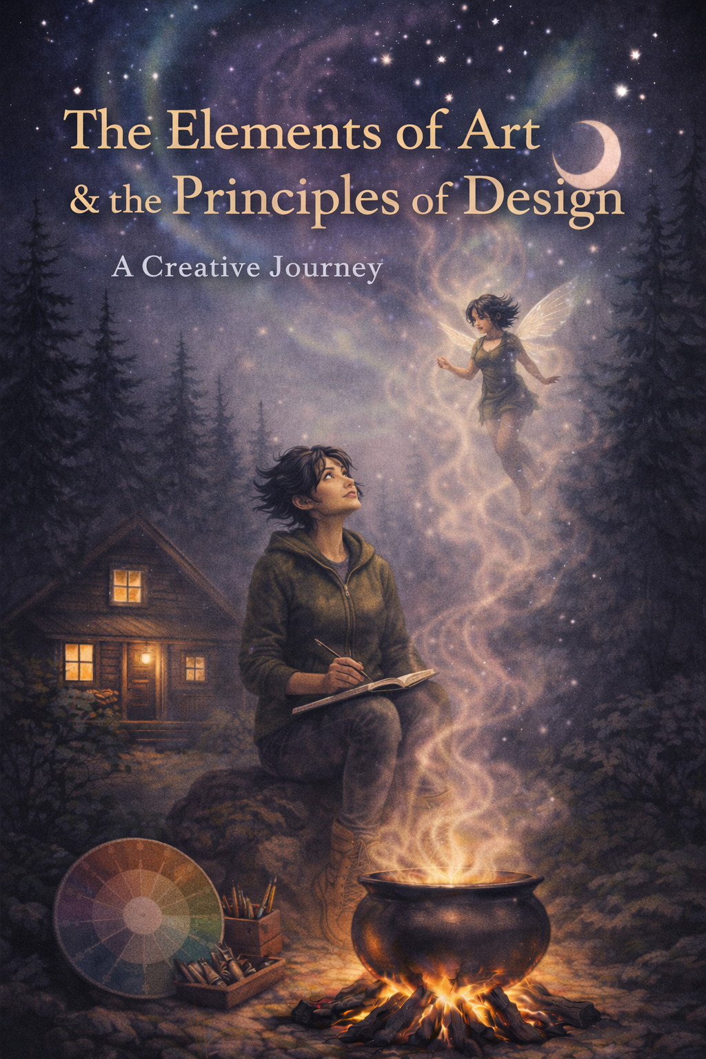 Book cover titled "The Elements of Art & the Principles of Design: A Creative Journey" featuring an illustration of a woman sitting by a campfire in a forest, drawing in a notebook. A floating fairy with wings hovers nearby, set against a starry night sky with a crescent moon.