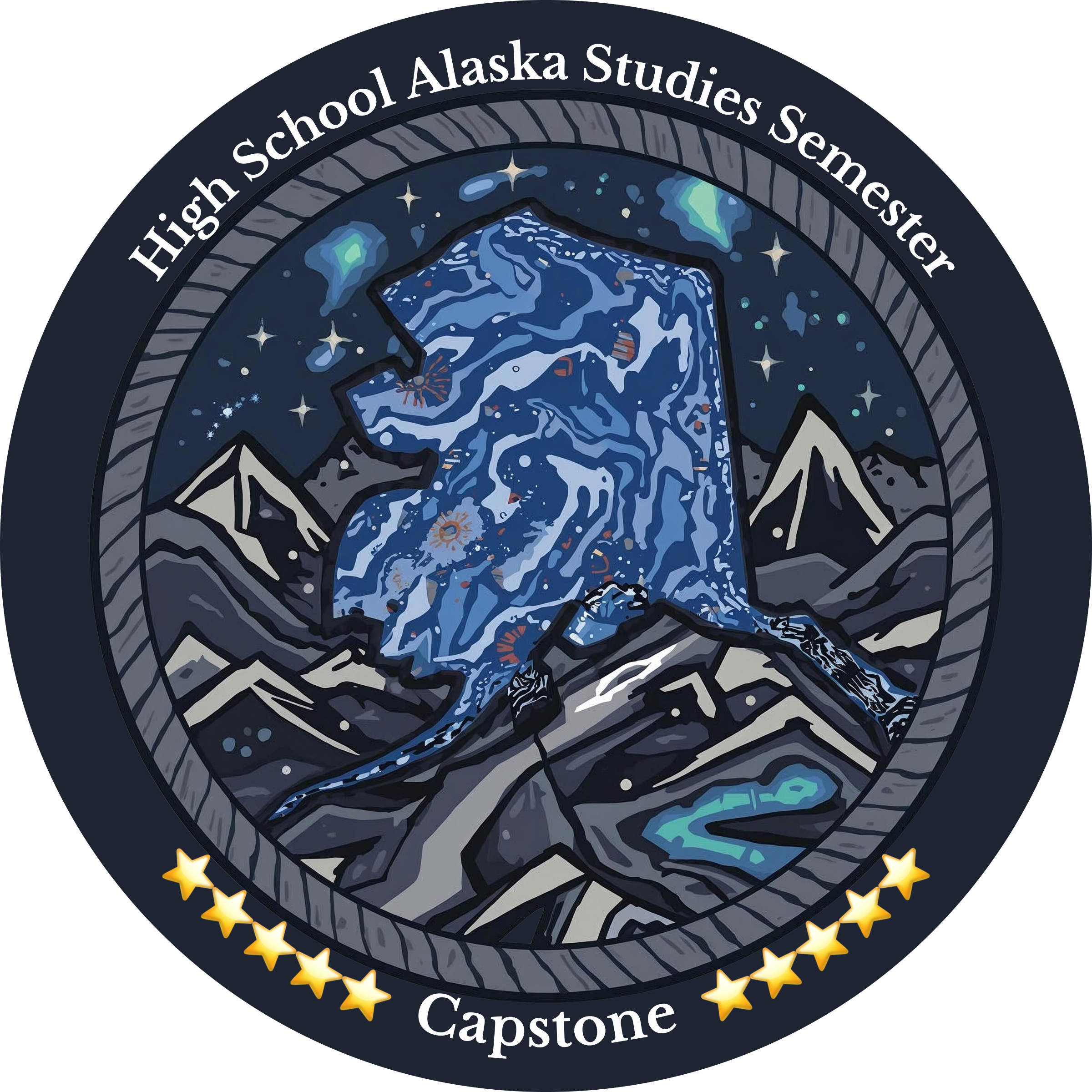 A school patch featuring the shape of Alaska with a mountainous landscape and mountain peaks in the background, representing the High School Alaska Studies Semester at Capstone.
