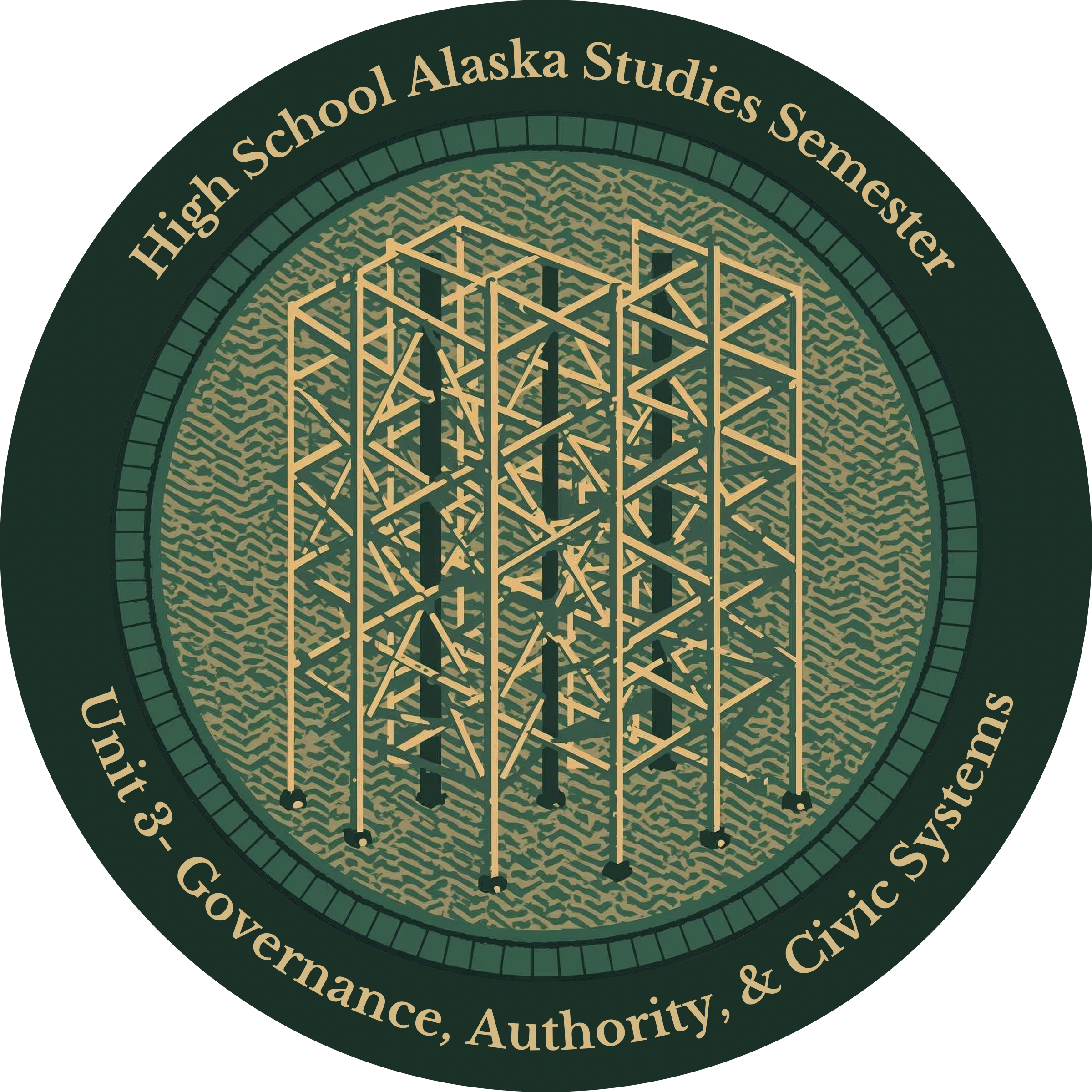 Seal of the High School Alaska Studies Semester, Unit 3 - Governance, Authority, & Civic Systems, featuring a geometric graphic in the center.