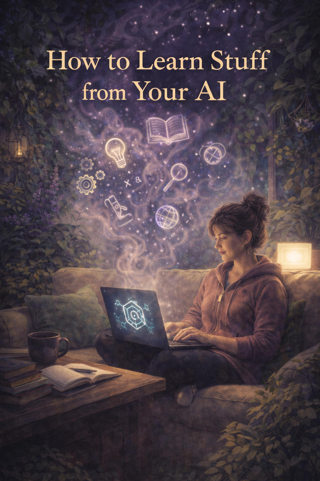 A woman sitting on a couch at night, using a laptop with digital icons and symbols emanating from it, including a lightbulb, book, magnifying glass, globe, and gears, with the text "How to Learn Stuff from Your AI" above her.