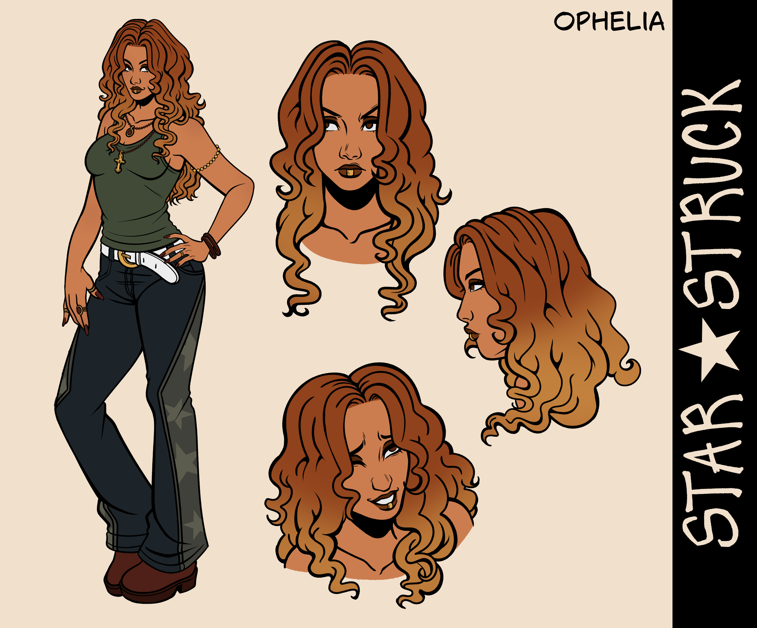 A digital illustration showing multiple views of a woman with curly brown hair, wearing a green tank top, black eye makeup, jewelry, and black pants, along with the text 'OPHELIA' and other partially visible text.