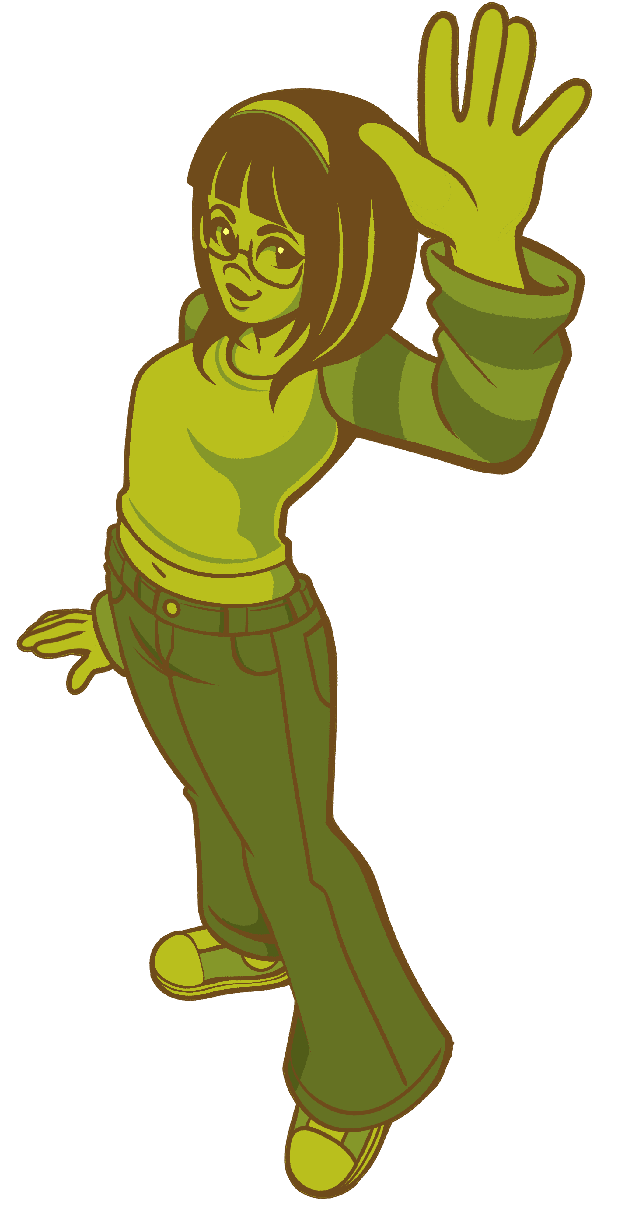 Cartoon illustration of a girl with glasses, medium-length brown hair, wearing a green long-sleeved shirt and green pants, smiling and waving.