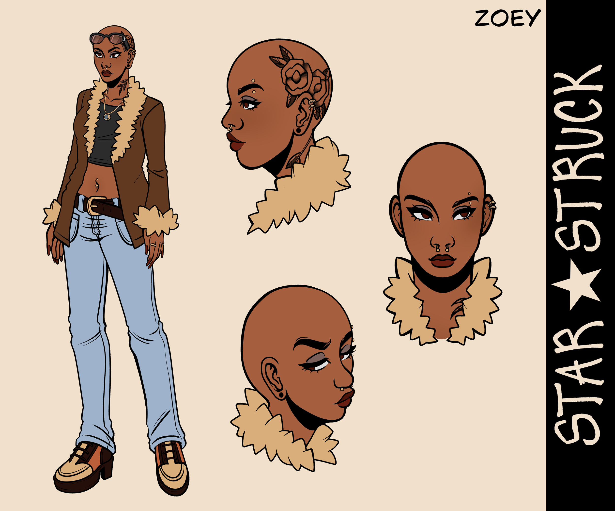 Illustration of a woman with a shaved head, tattoos, glasses on her head, and multiple facial piercings, wearing a brown jacket with a fluffy collar, a black crop top, and light blue jeans. The background features various angles of her face and head,