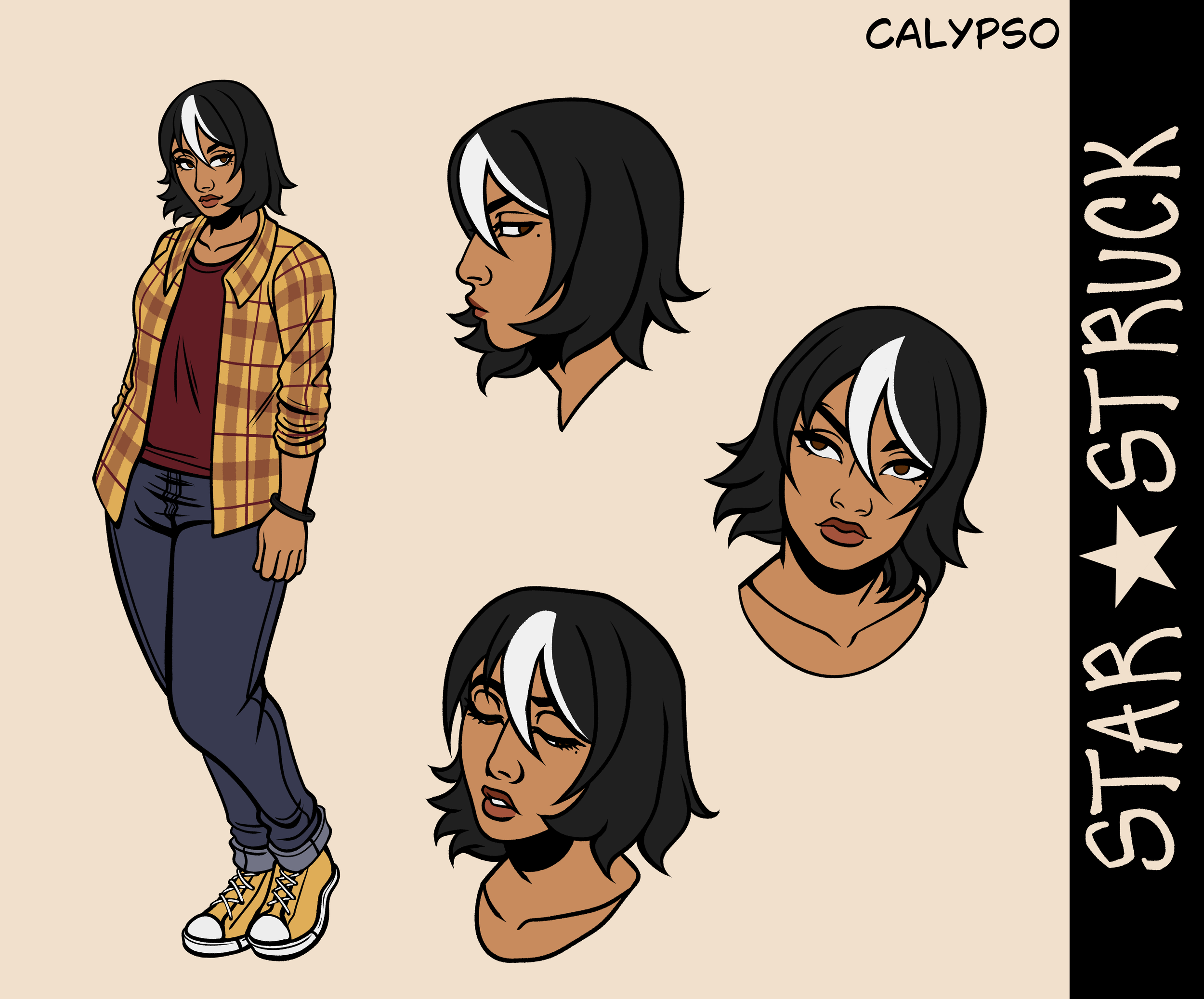 Multiple illustrated images of a woman with black hair and a white streak, including a full-body standing pose and several close-up facial expressions on a beige background, with the word 'CALYPSO' in black on the right side.
