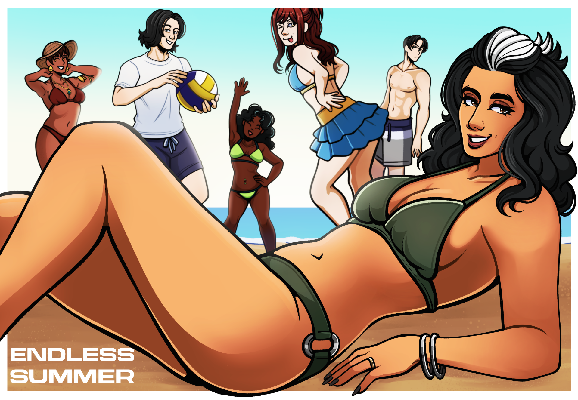 An animated group of young women and men at the beach during summer. One woman with black hair and a green bikini is lounging in the foreground. In the background, others are engaging in beach activities, including a woman in a yellow bikini and a wo