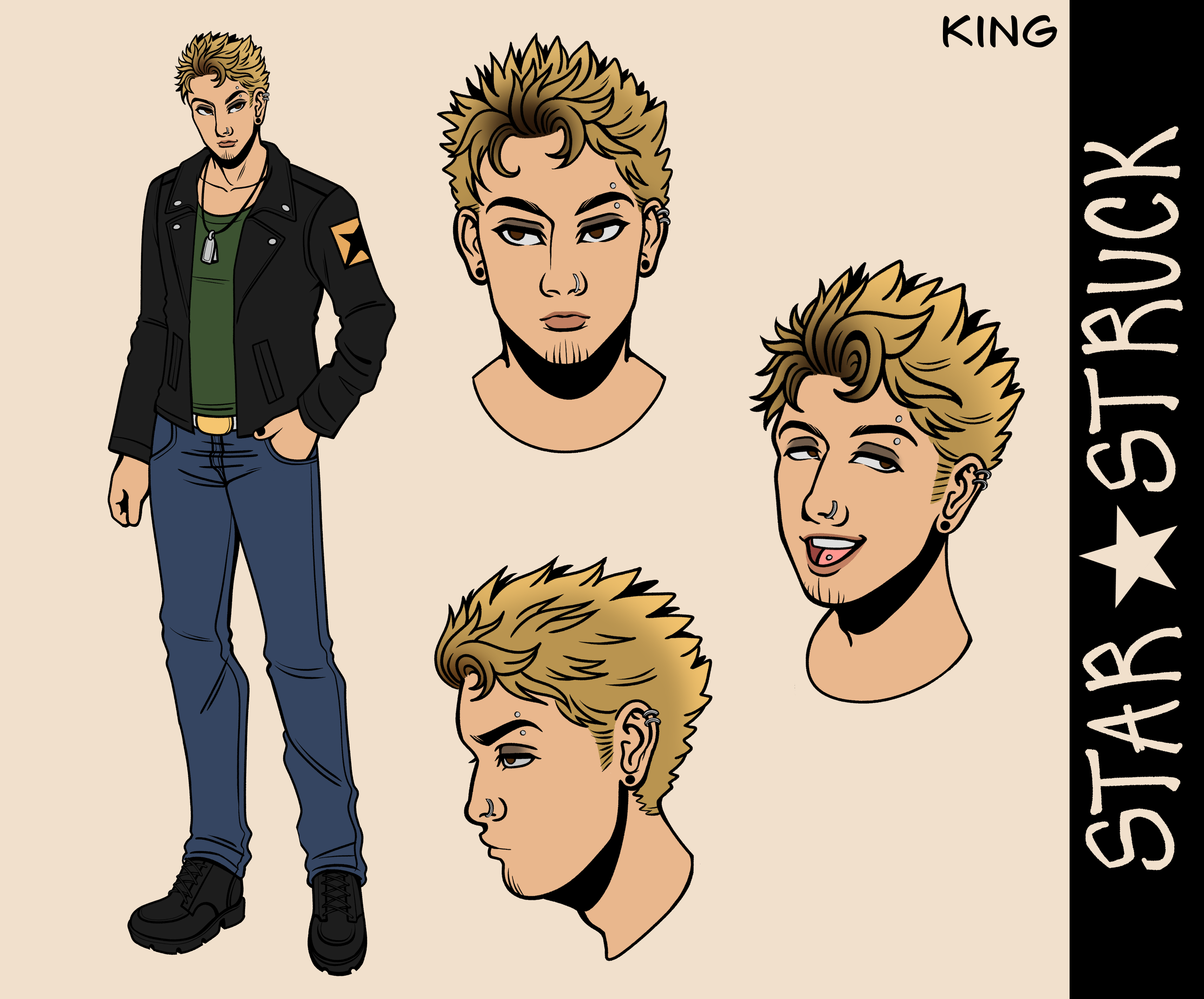Illustration of a person with short, spiky blonde hair, multiple ear piercings, a septum and labret piercing, wearing a black jacket, green shirt, and blue jeans, with a neutral background and various smaller drawings of the same person showing diffe
