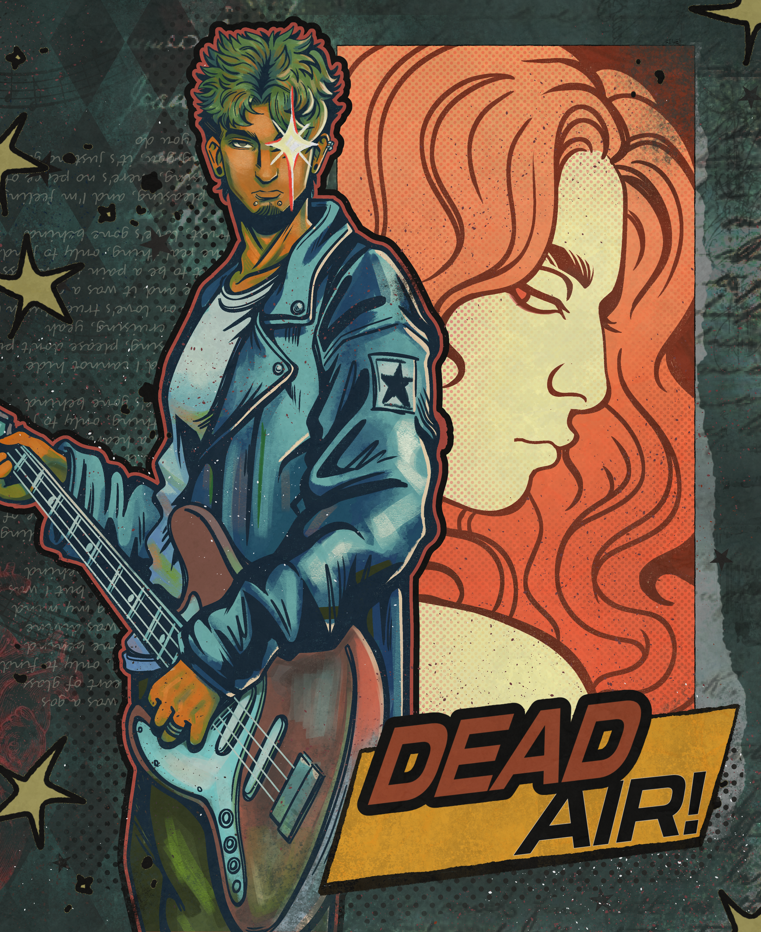 A comic-style illustration of a person with green hair playing an electric guitar, with a star-shaped spark on their face, wearing a blue jacket. Behind them is a stylized image of a woman's face with red hair and closed eyes. The background features