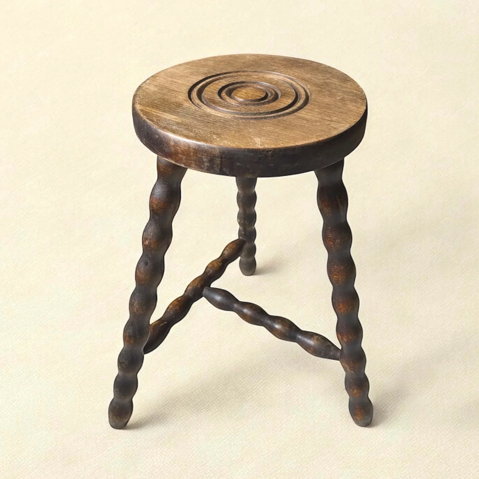 Vintage French Bobbin Milking Stool with Stretcher Base