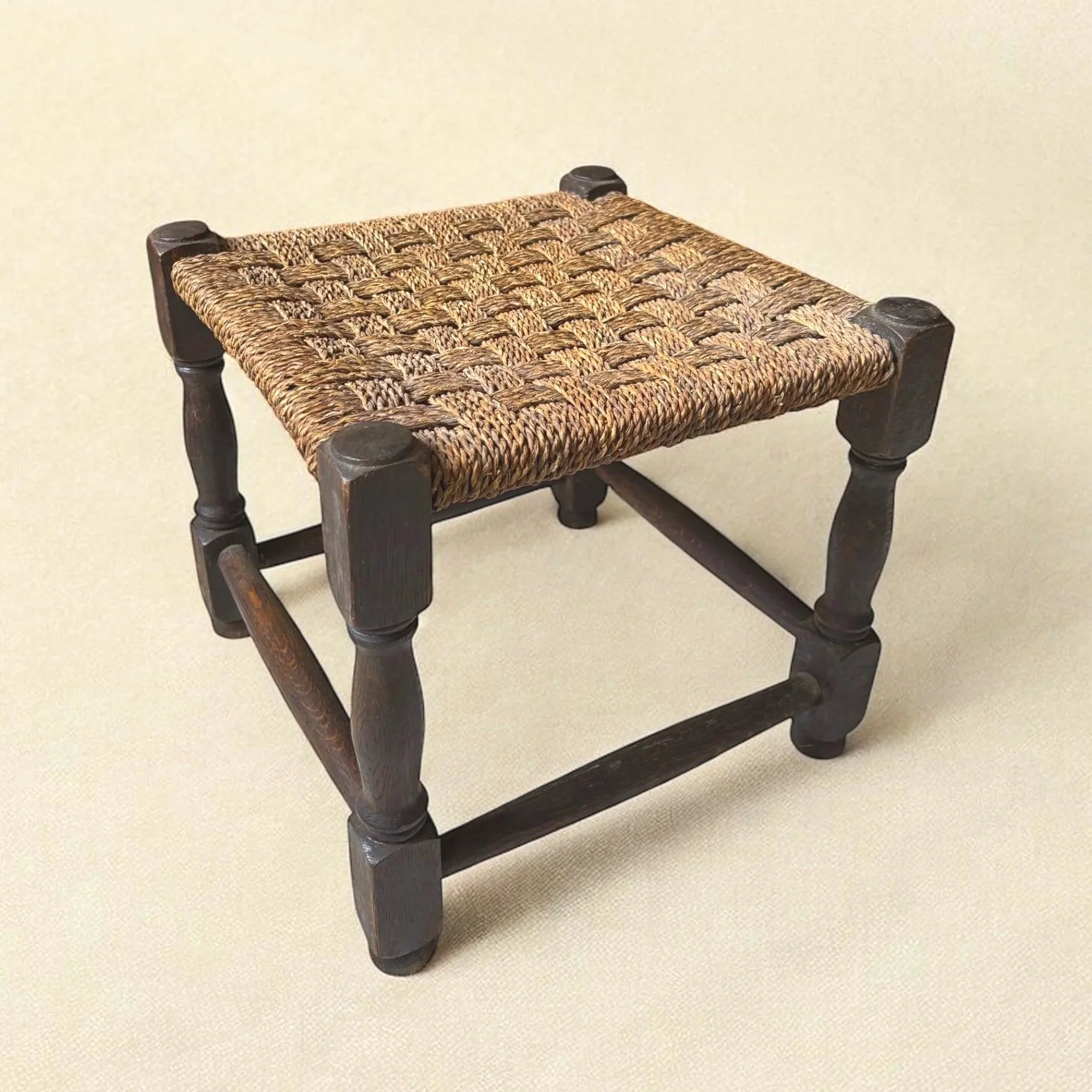 English Stool with Turned Legs and Woven Cord Top