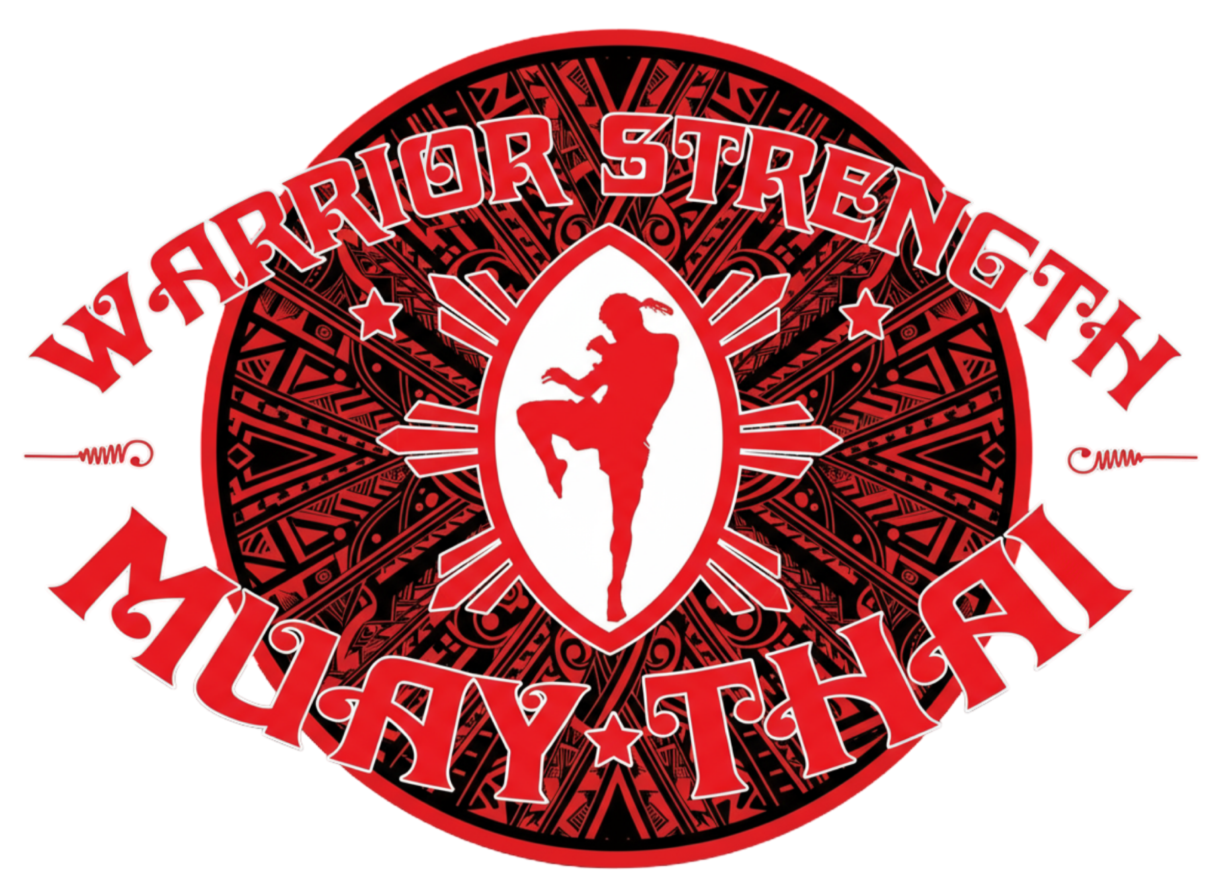 Group of Muay Thai fighters in a gym posing together, wearing shorts and standing confidently, with one crouching in front. The gym setting includes training equipment in the background.