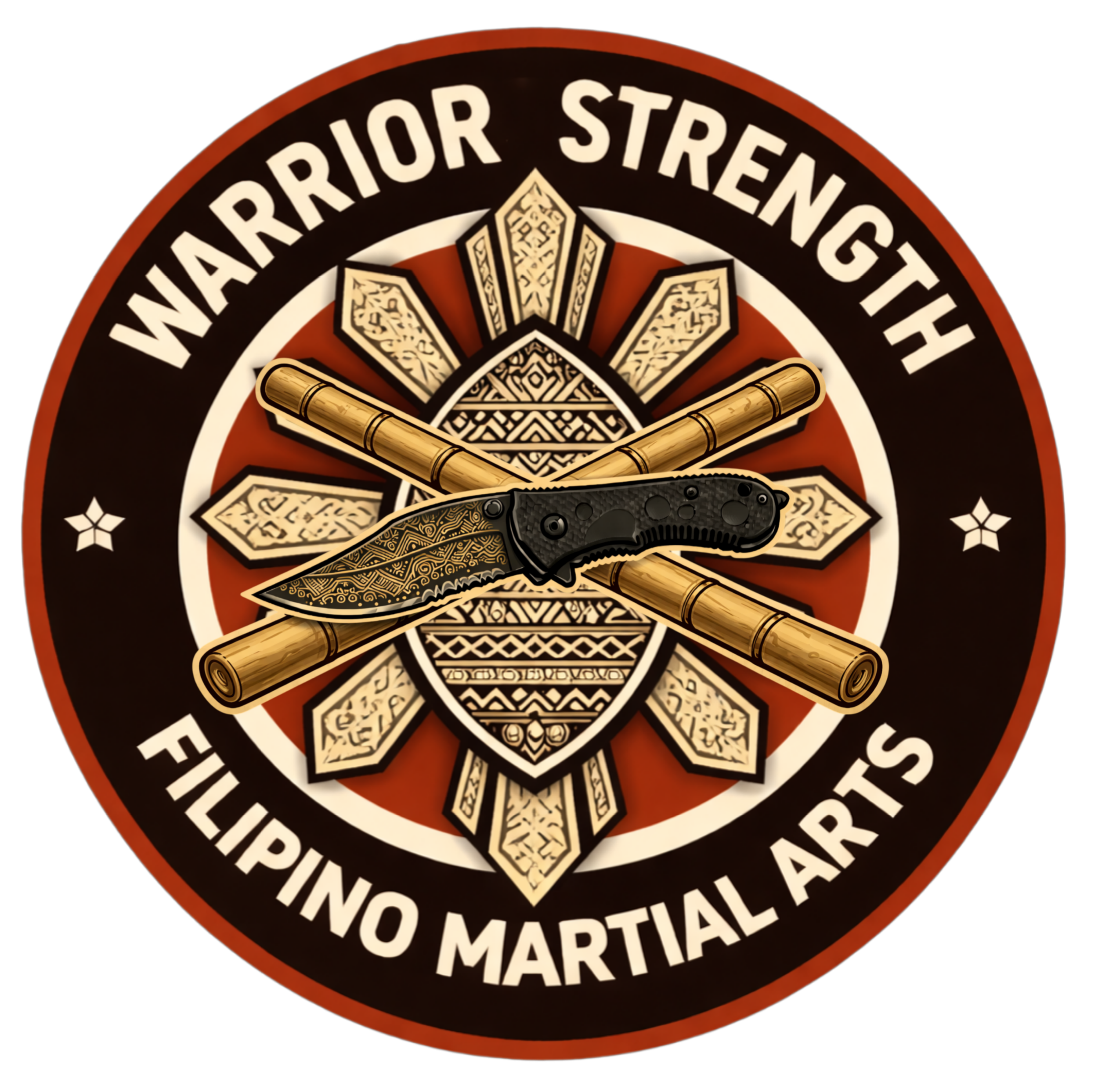 Two tactical knives with black blade covers, a large machete with a wooden handle, and two bamboo sticks on a wooden surface.