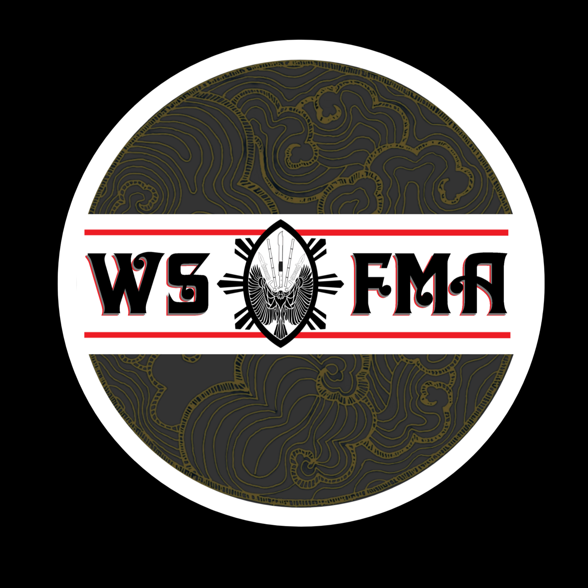 Two tactical knives with black blade covers, a large machete with a wooden handle, and two bamboo sticks on a wooden surface.