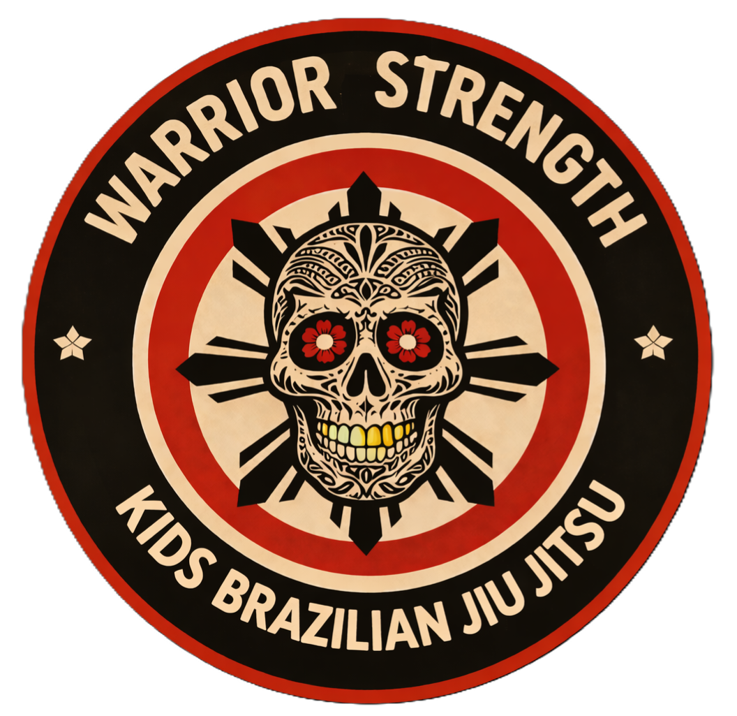 Children in pink martial arts uniforms with white belts posing in a gym, with others in the background.