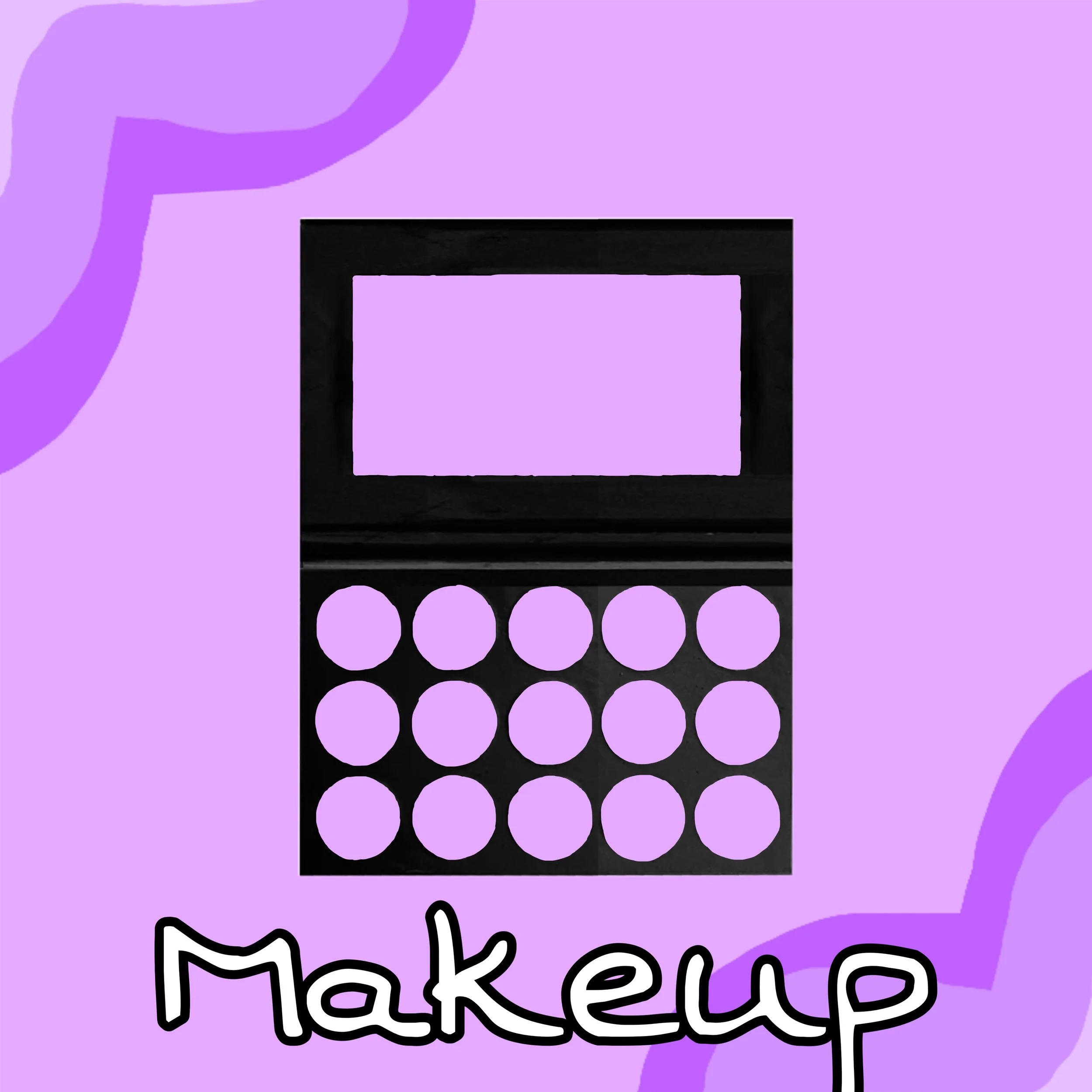 Illustration of a makeup palette with 12 circles on a purple background and the word 'Makeup' written below.