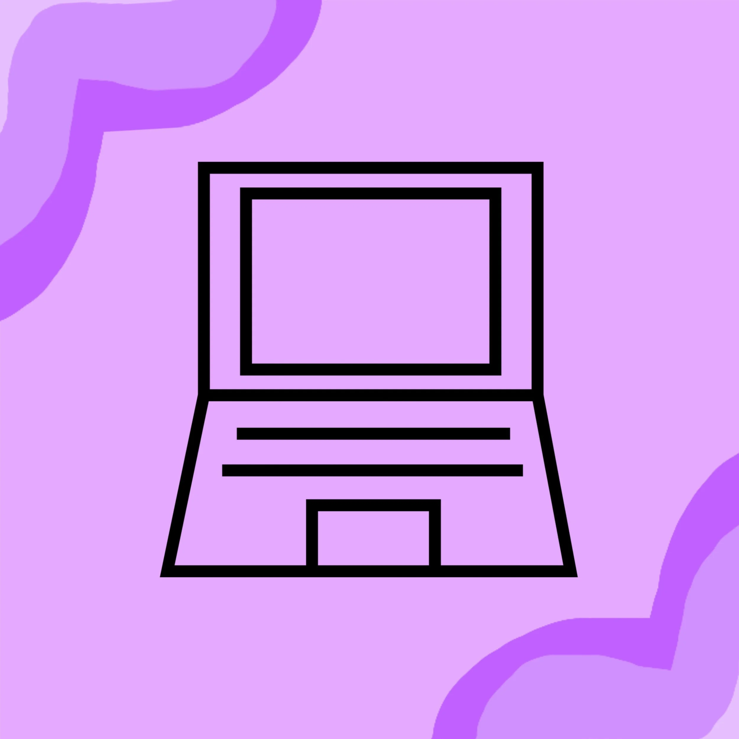Line drawing of a laptop on a purple background with abstract shapes.
