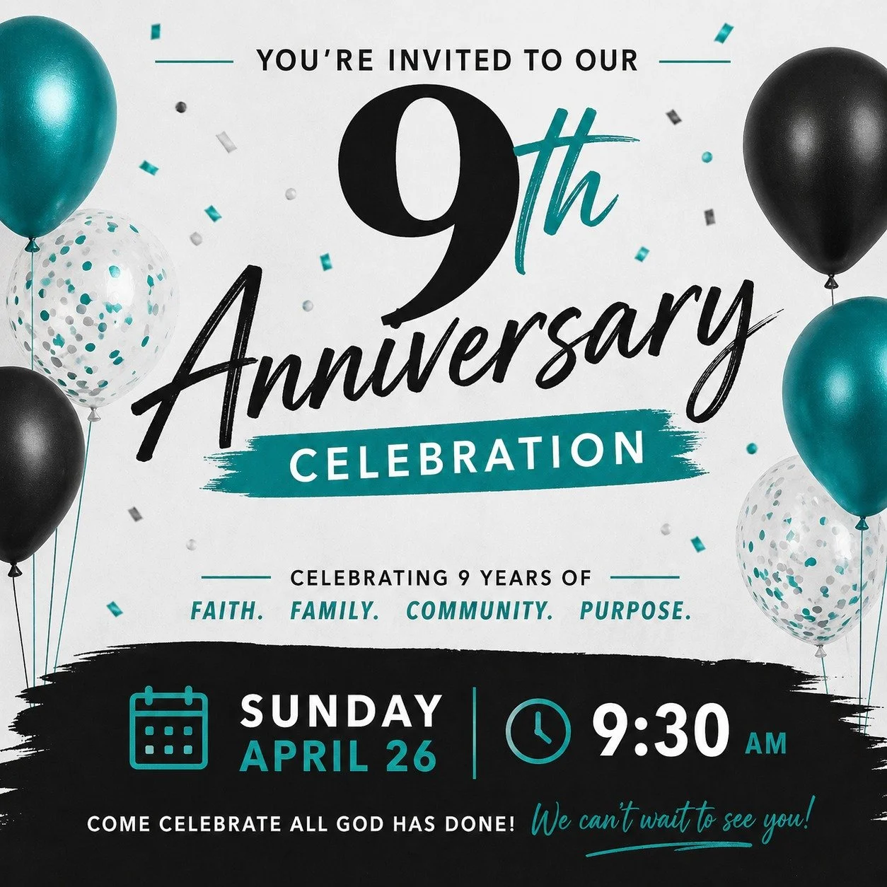 .We&rsquo;re turning 9&hellip;and you&rsquo;re invited!
 
This Sunday, April 26 at 9:30am, we&rsquo;re celebrating everything God has done over the past 9 years at Connecting Church and we&rsquo;d love for you to be part of it.

Whether you&rsquo;ve 