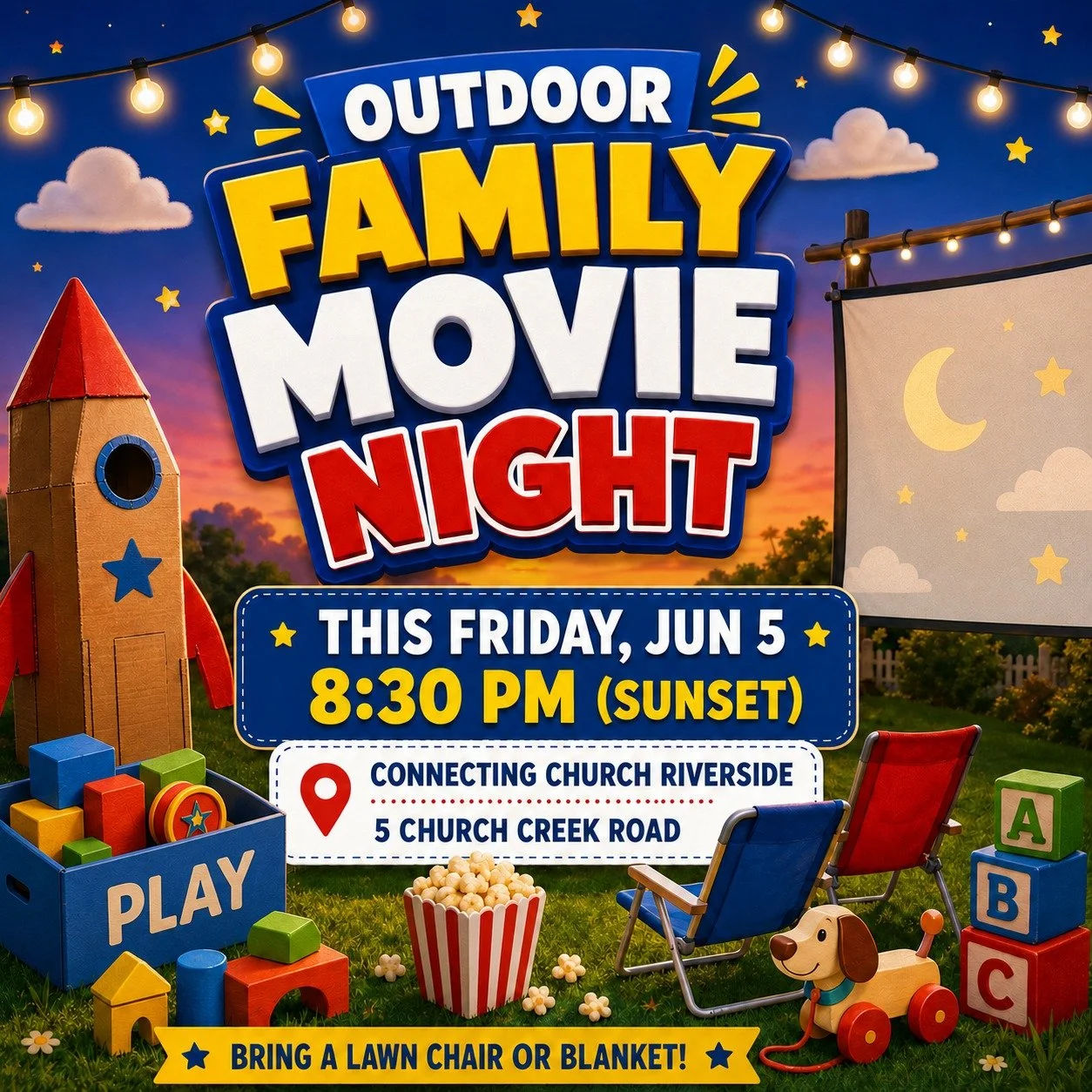 Free Outdoor Movie this Friday! 
 
Bring the family for a fun outdoor movie night under the stars! Come watch an animated adventure about toys, friendship, imagination, and learning what it means to be there for the people you love. 
 
Come early for