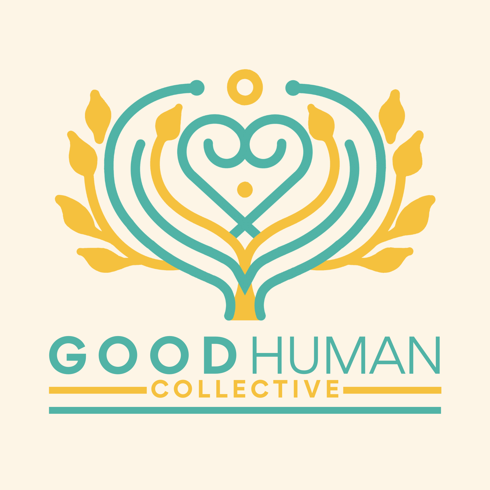 Logo for Good Human Collective featuring heart and floral design in teal and yellow.