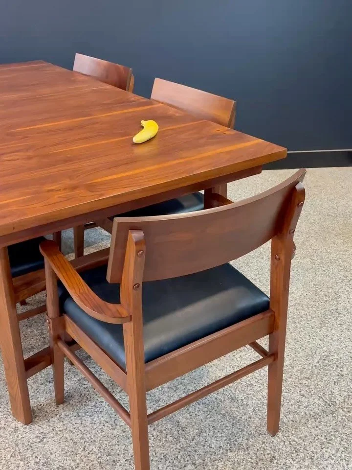 Restored vintage 1960&rsquo;s Mid Century Modern walnut wide trestle expanding dining table &amp; six chairs. Unmarked. ⁣
⁣
Table and chairs are higher than average for the time period, and chairs are extra wide and thickly padded. This set is substa