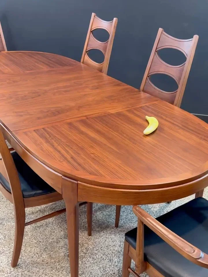 Restored vintage 1960&rsquo;s Mid Century Modern Lane Rhythm walnut oval expanding dining table &amp; six Kent Coffey Perspecta walnut high back cat eye dining chairs. ⁣
⁣
Will split but prefer to sell together. $1,200 for the table or chairs separat