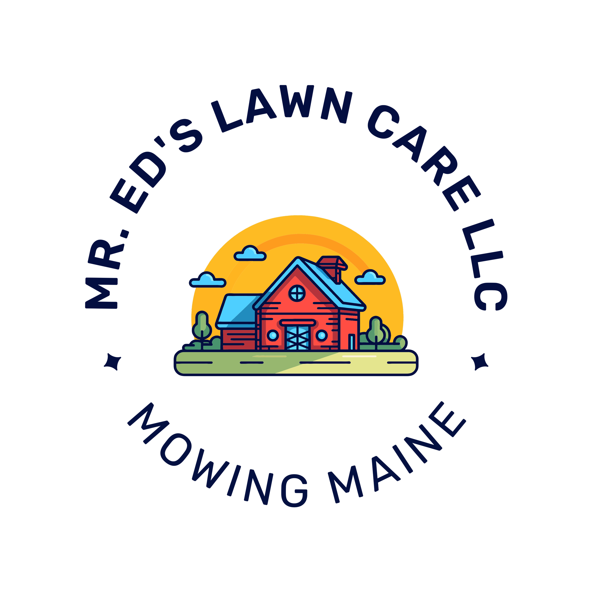 A circular logo with a house in the center, surrounded by sun rays and trees, with the curved text 'REEDIS LAWN CARE' at the top.